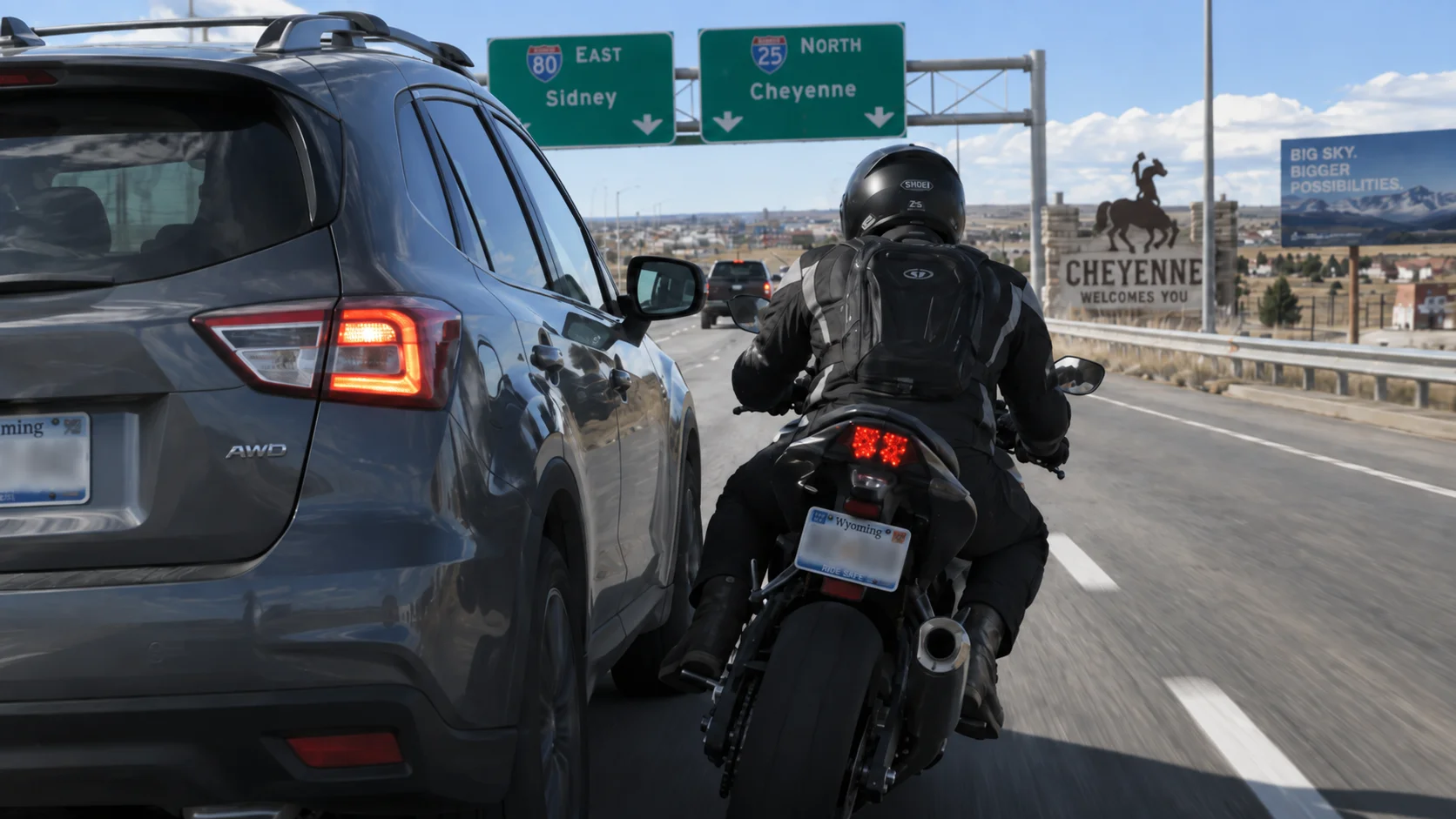 A near miss accident between a motorcycle and a SUV on a freeway near Cheyenne, Wyoming