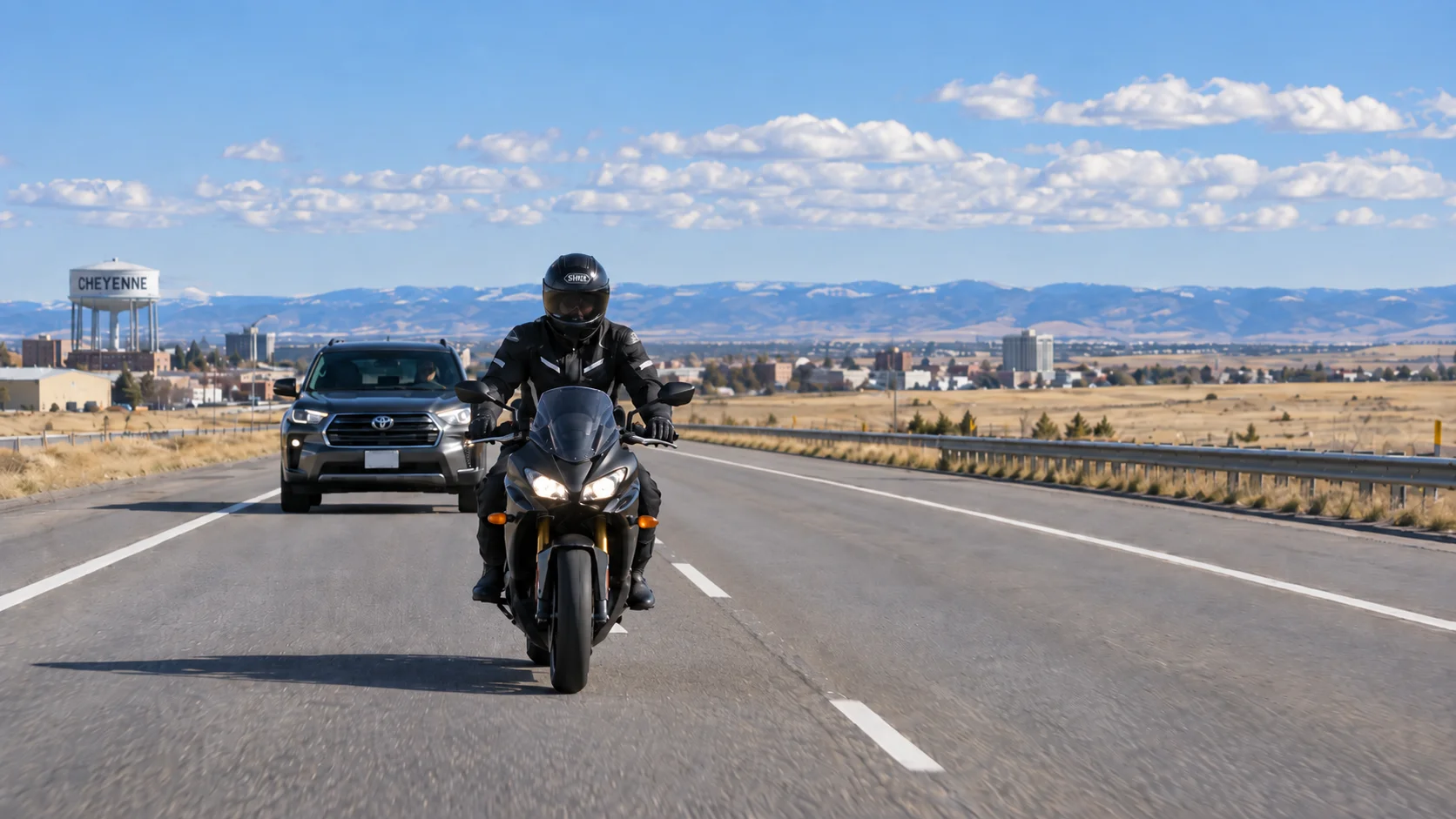 A Cheyenne motorcycle rider on a rural highway outside of Cheyenne