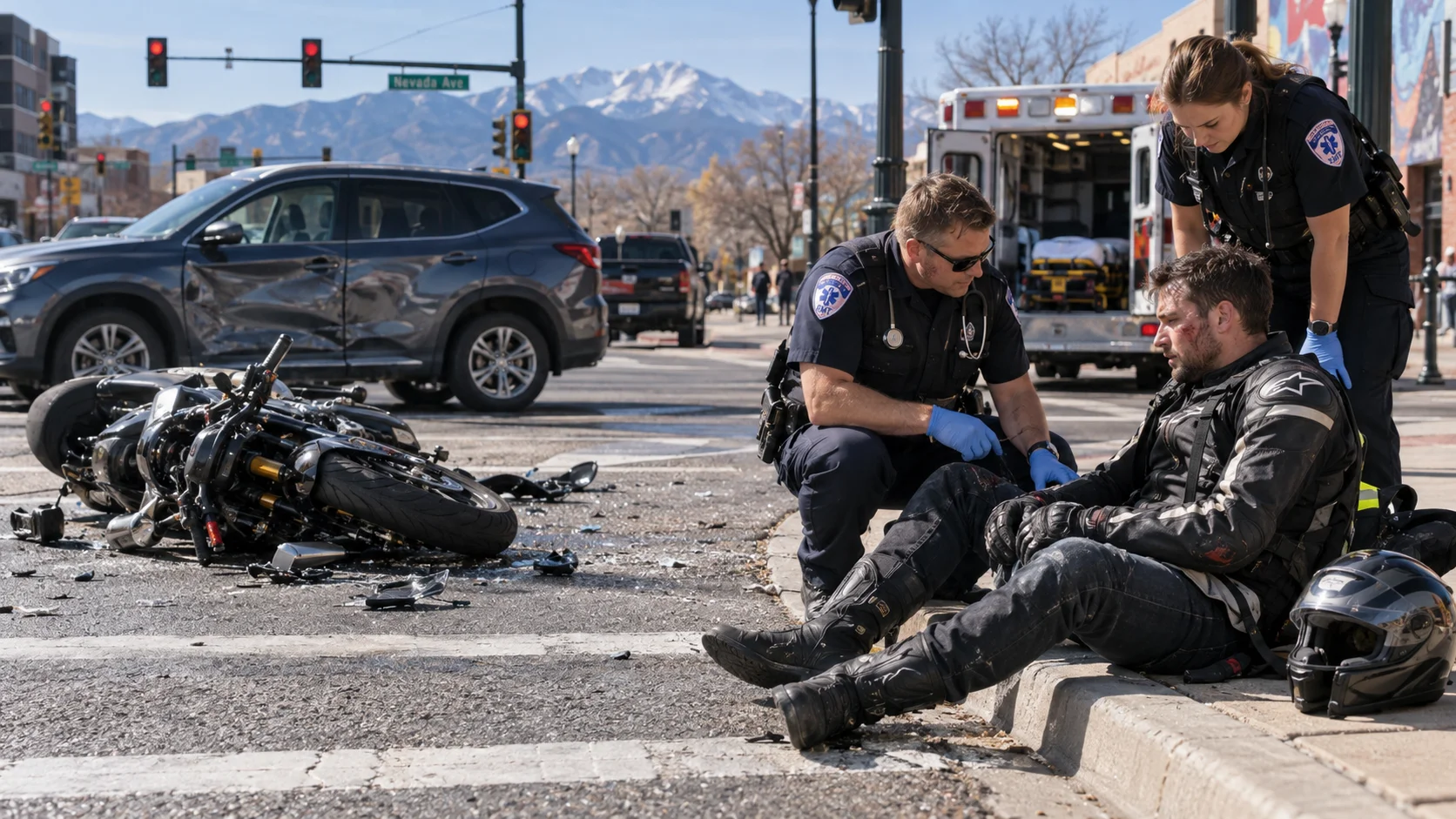 Motorcycle crash scene in Colorado Springs with injured rider receiving emergency medical care near a damaged motorcycle and SUV.