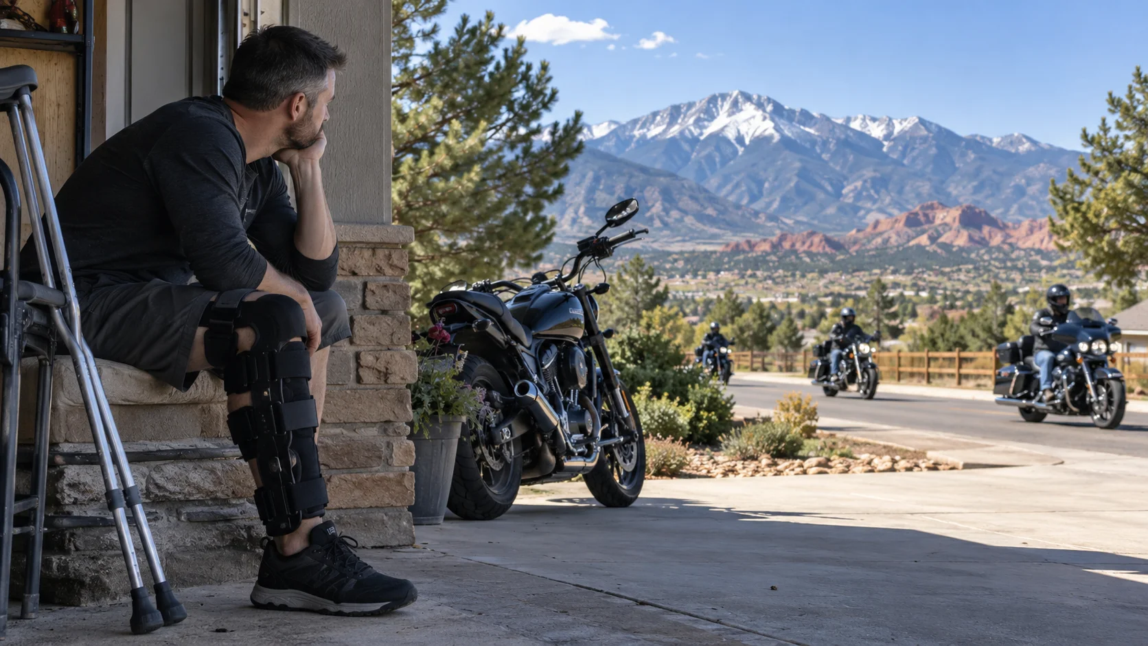 Injured Colorado Springs motorcycle rider watching other motorcyclists pass while recovering from a leg injury and unable to ride.