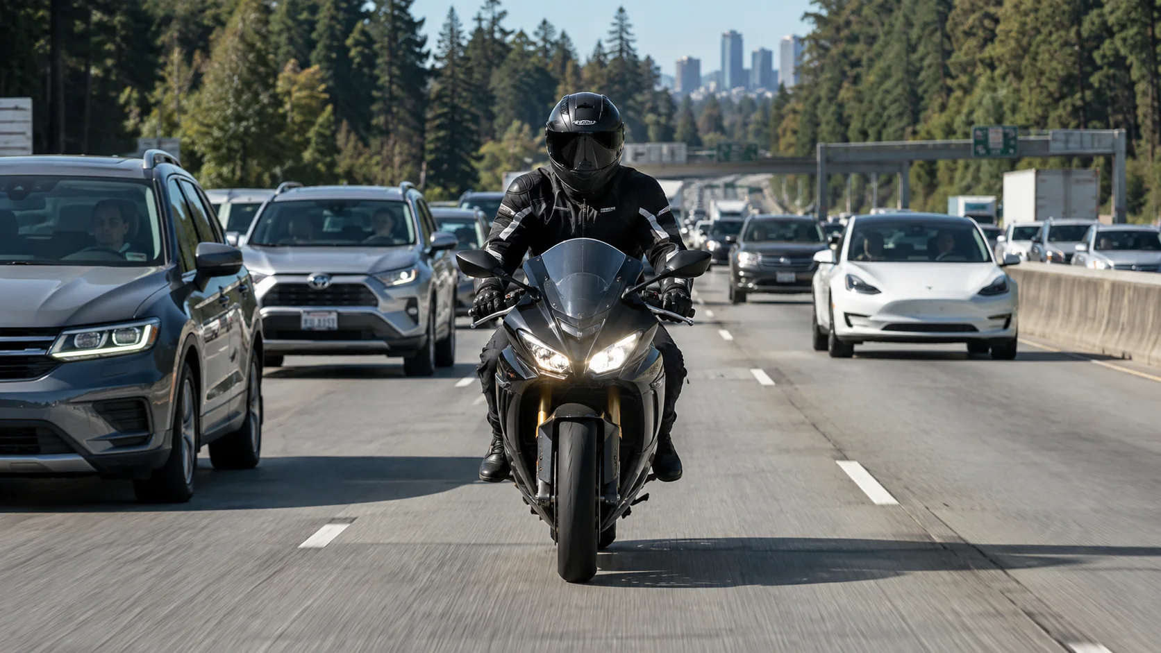 Motorcycle rider using a full lane on a Washington highway, with cars traveling in the adjacent lanes.