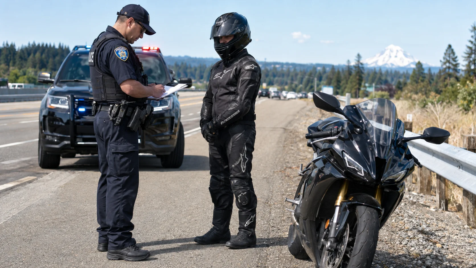 Police officer writing a traffic citation beside a helmeted motorcyclist and parked motorcycle on a Washington highway shoulder.