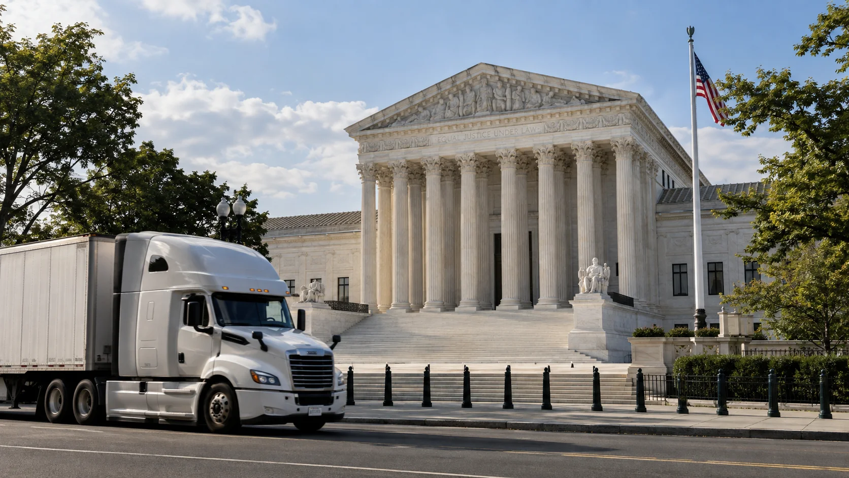 Semi-truck passing the U.S. Supreme Court building, illustrating the legal context of freight broker liability.