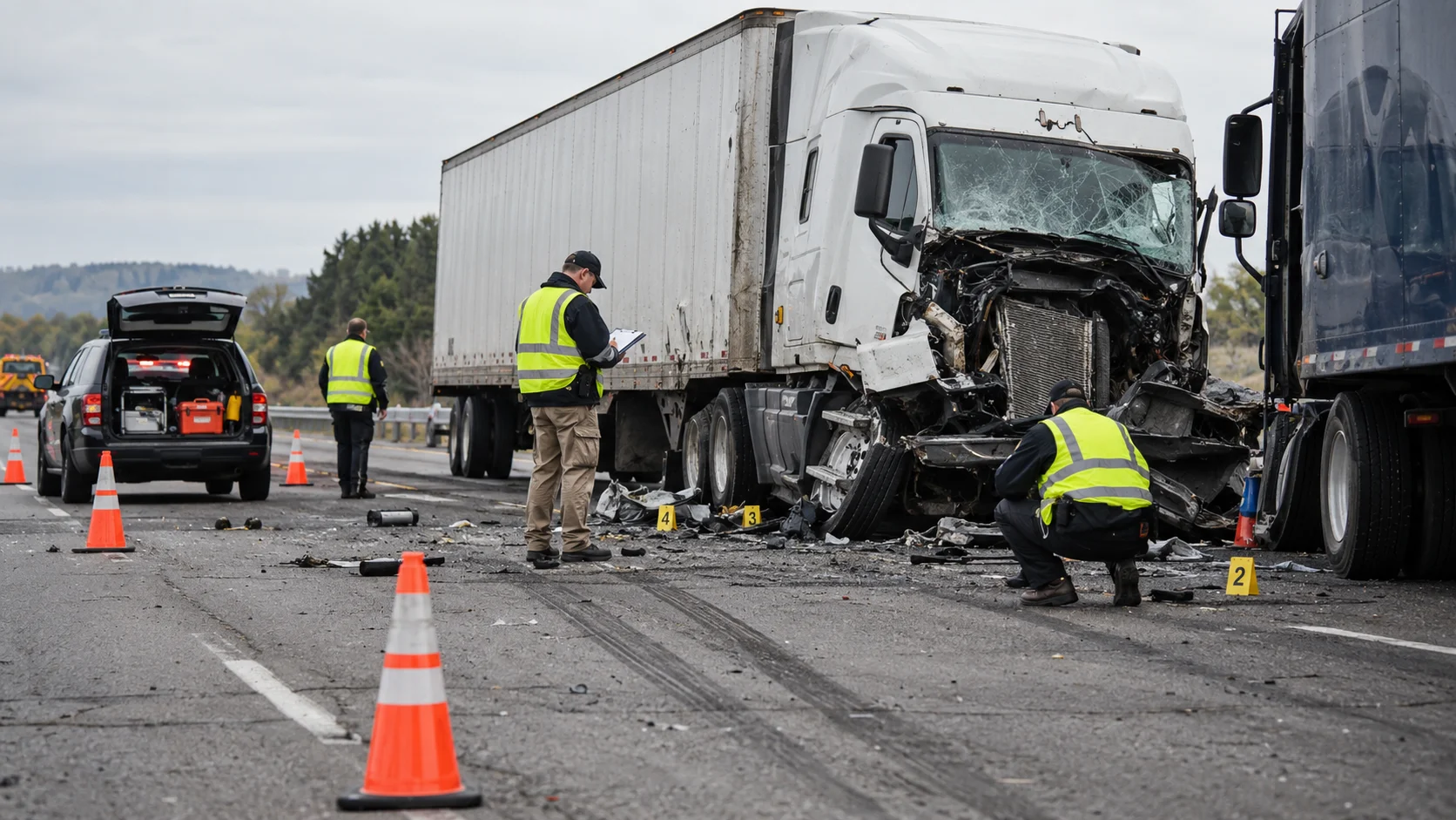 Investigators documenting evidence around a damaged semi-truck at a highway crash scene marked with traffic cones.
