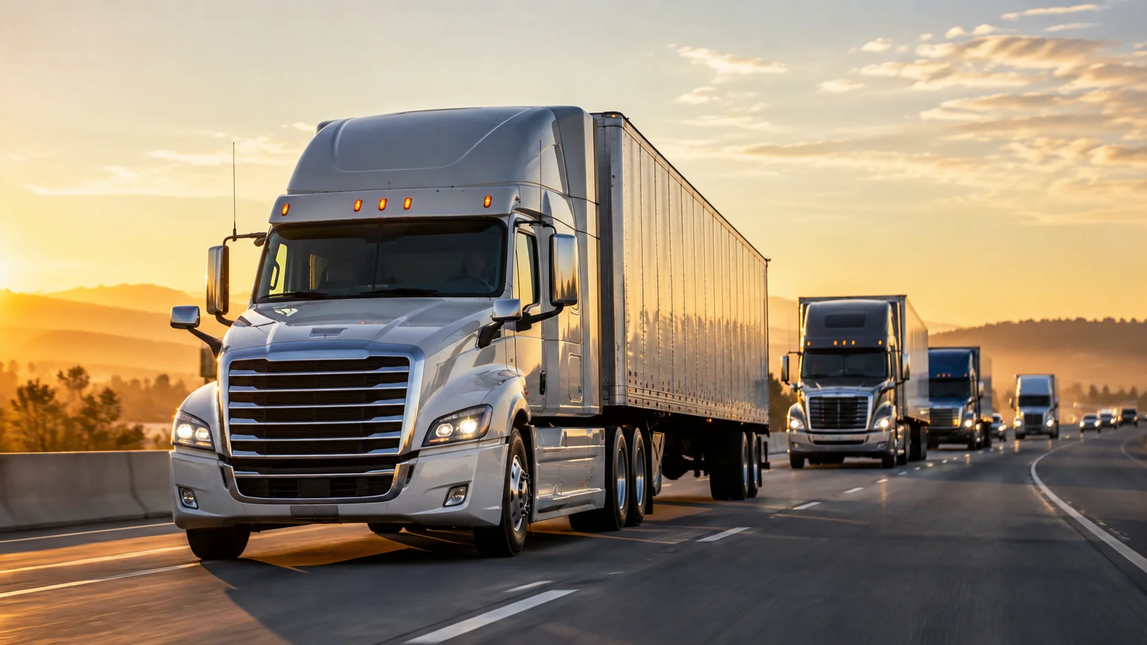 Commercial semi-trucks hauling freight along a highway at sunset, with a white semi-truck in the foreground.