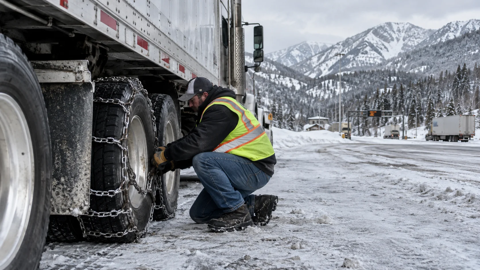 Truck driver securing tire chains on a semi-truck at a snow-covered Colorado mountain chain-up station.