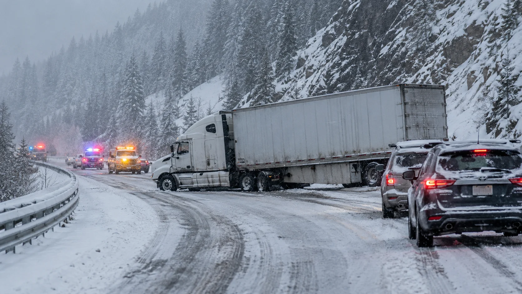 Semi-truck blocking a snow-covered Colorado mountain highway, with emergency vehicles responding and passenger traffic stopped.