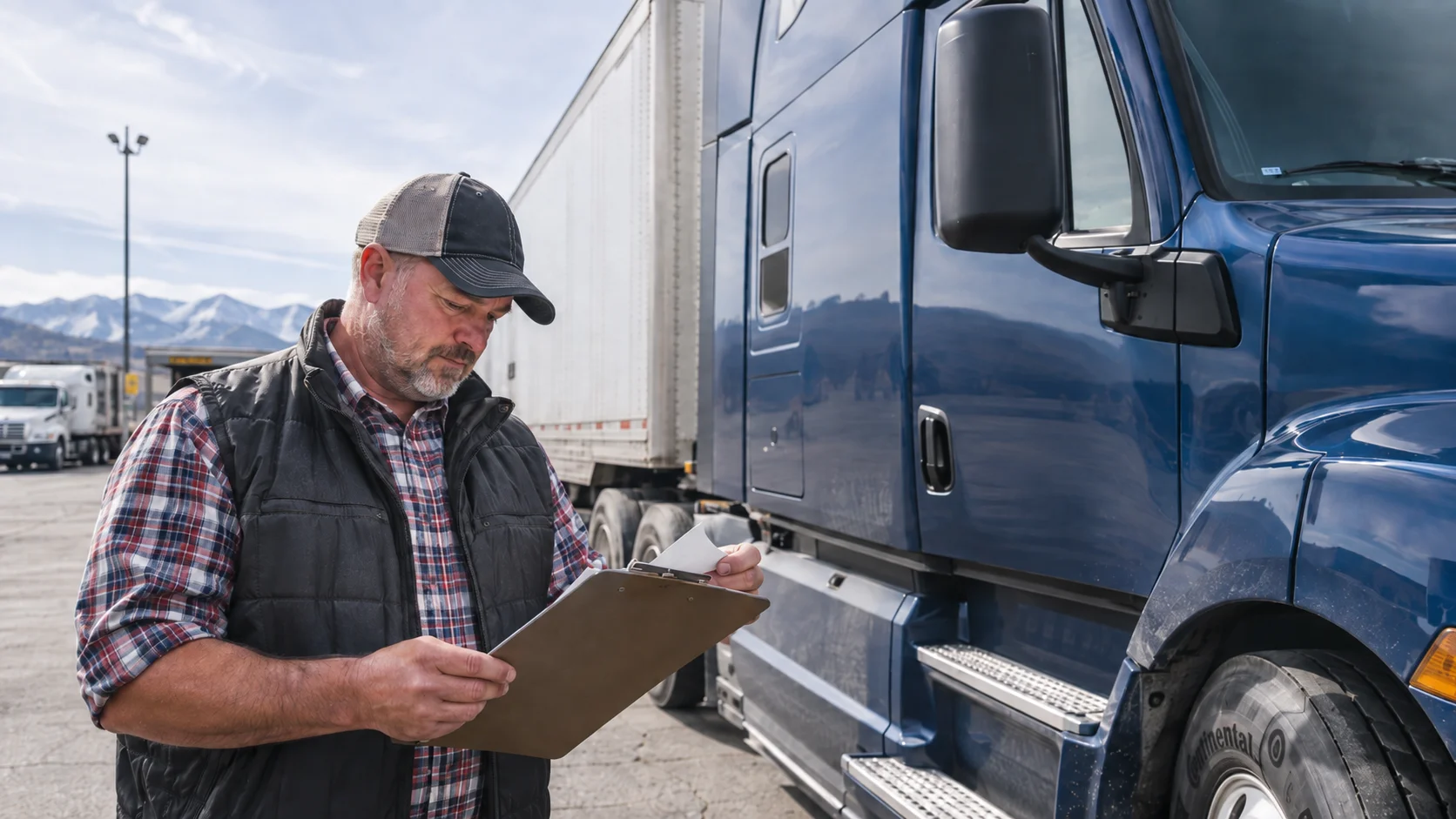 Owner-operator reviewing truck lease paperwork beside a parked blue semi-truck, with mountains in the background.