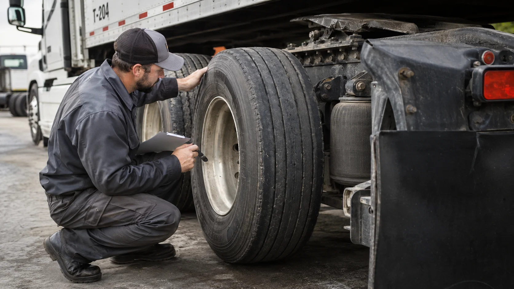 Mechanic inspecting worn semi-truck tires while holding a clipboard in a maintenance yard.