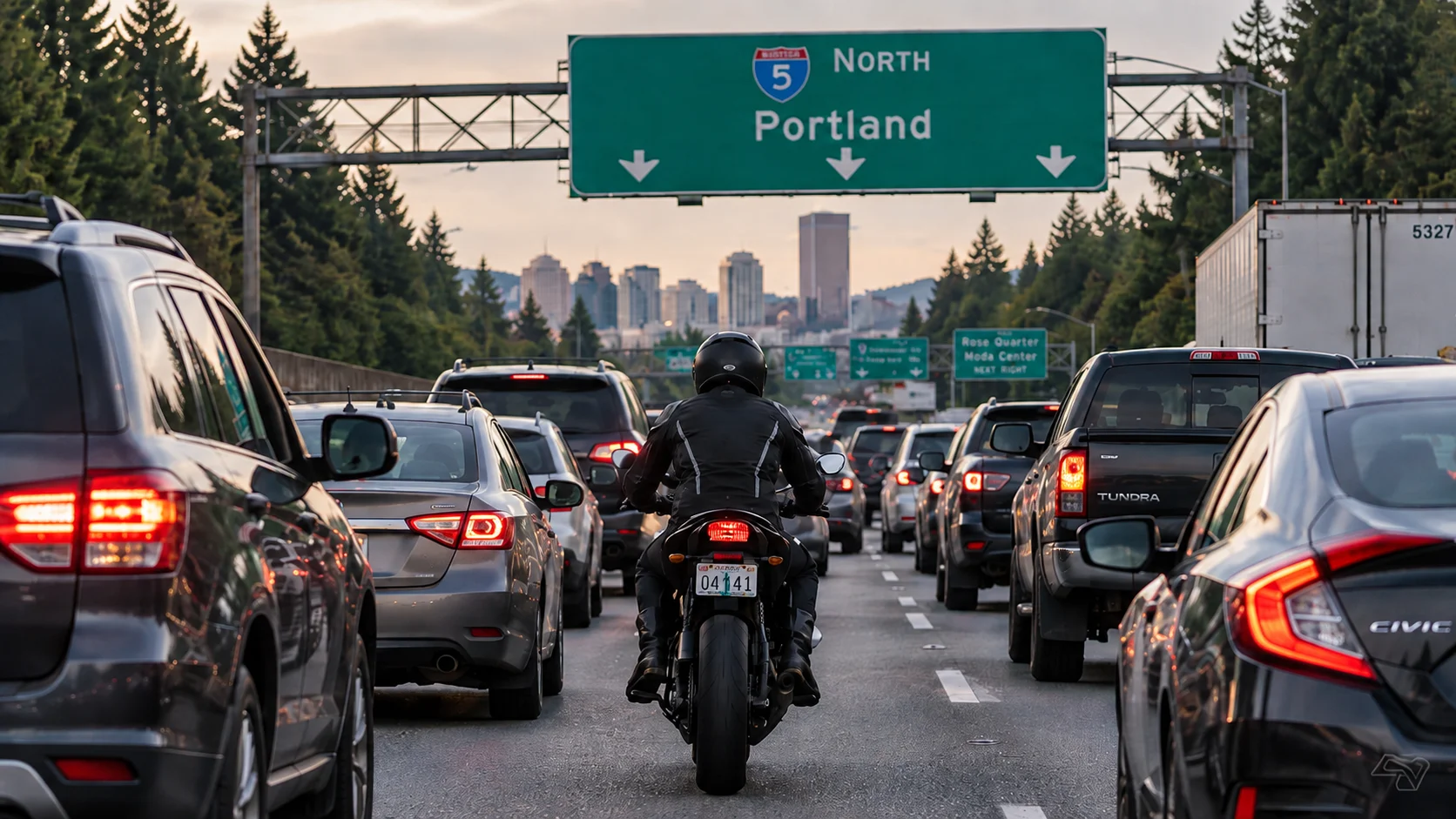 A motorcycle rider illegally splitting lanes on Interstate 5 near Portland, Oregon