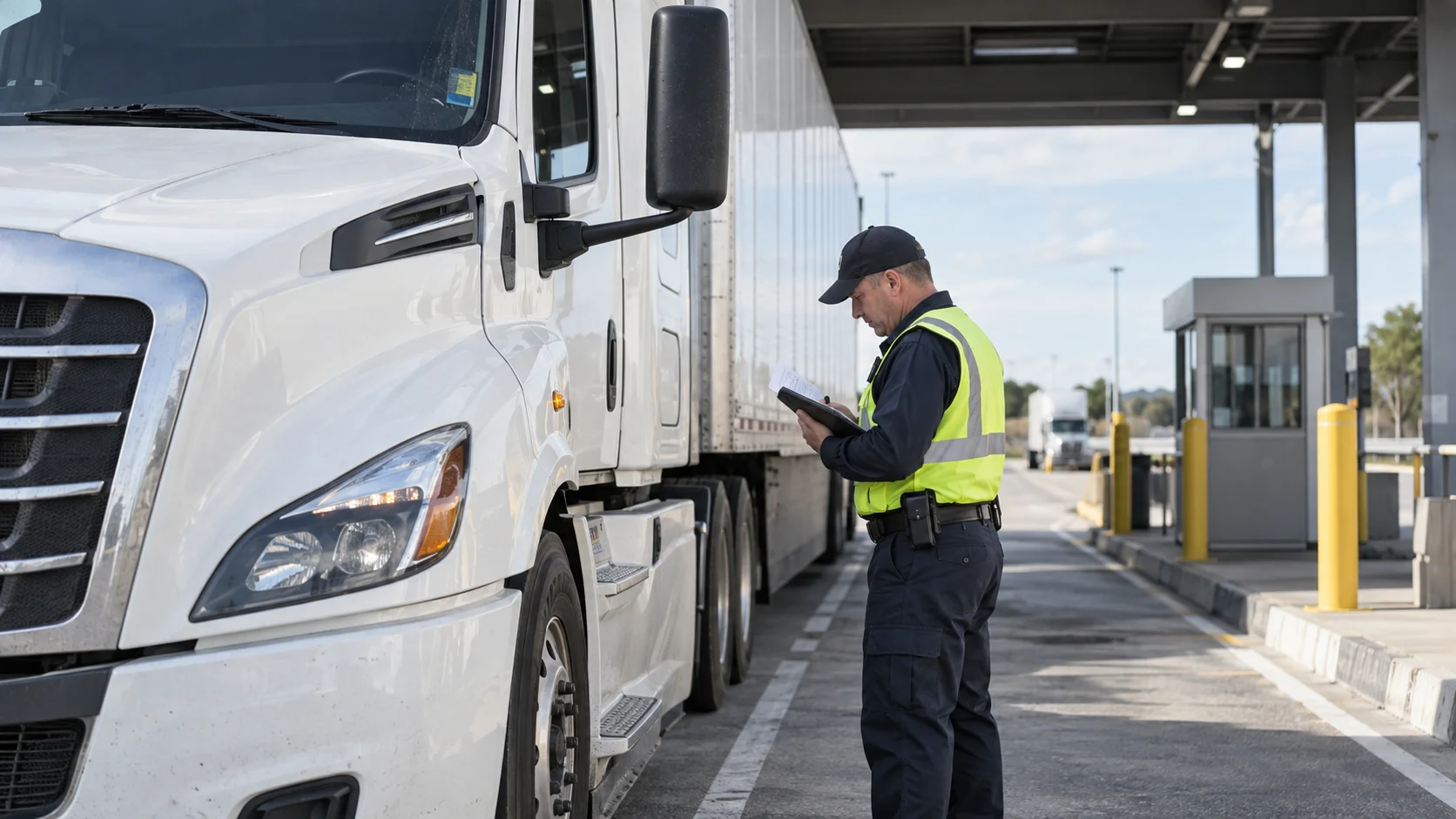 An inspector at a weigh station next to a white semi truck and trailer
