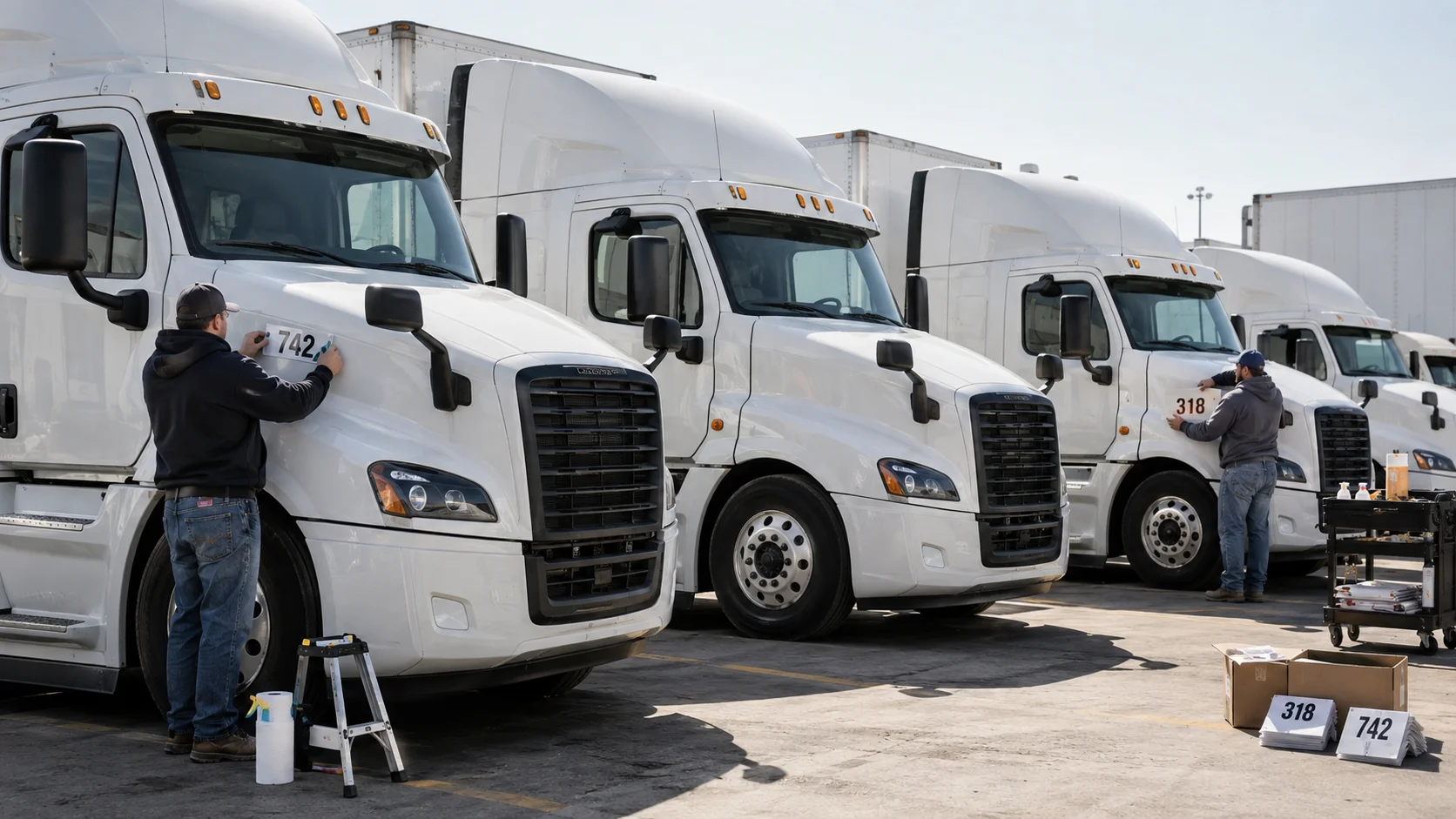 Men putting new DOT numbers on semi trucks, illustrating how Chameleon Carriers often do this