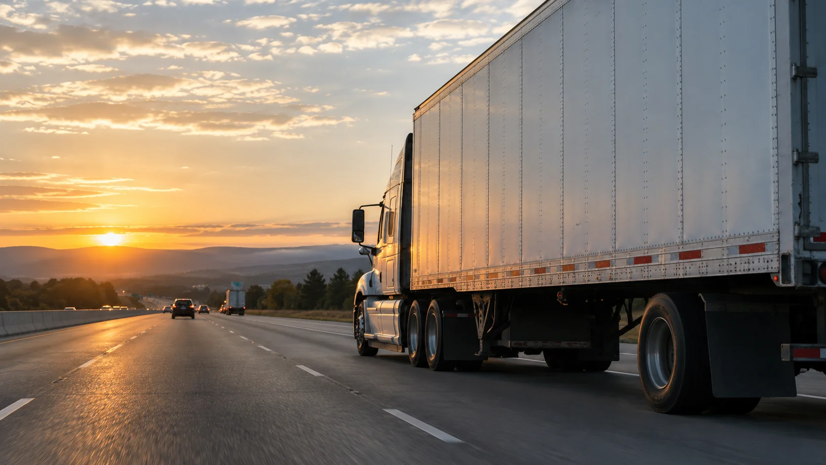 A white semi truck hauling a trailer on a freeway as the sun is setting.