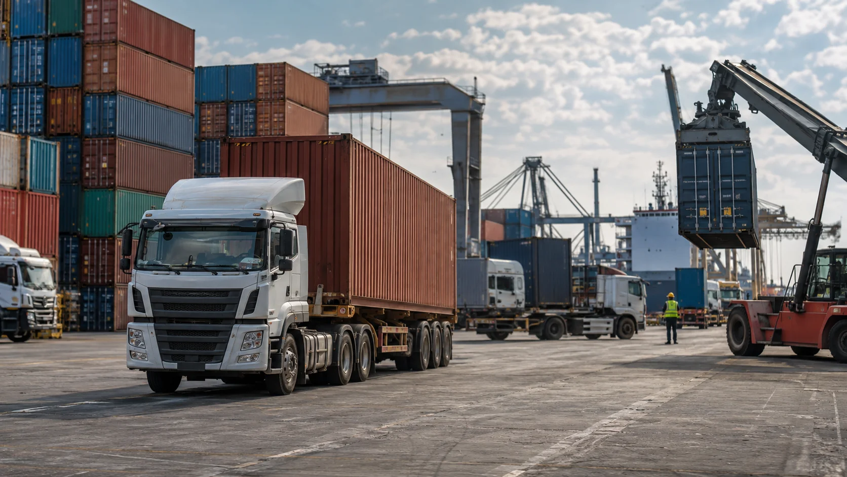 Container trucks and cargo at a busy shipping terminal, showing the freight transportation chain among shippers, brokers, and motor carriers.
