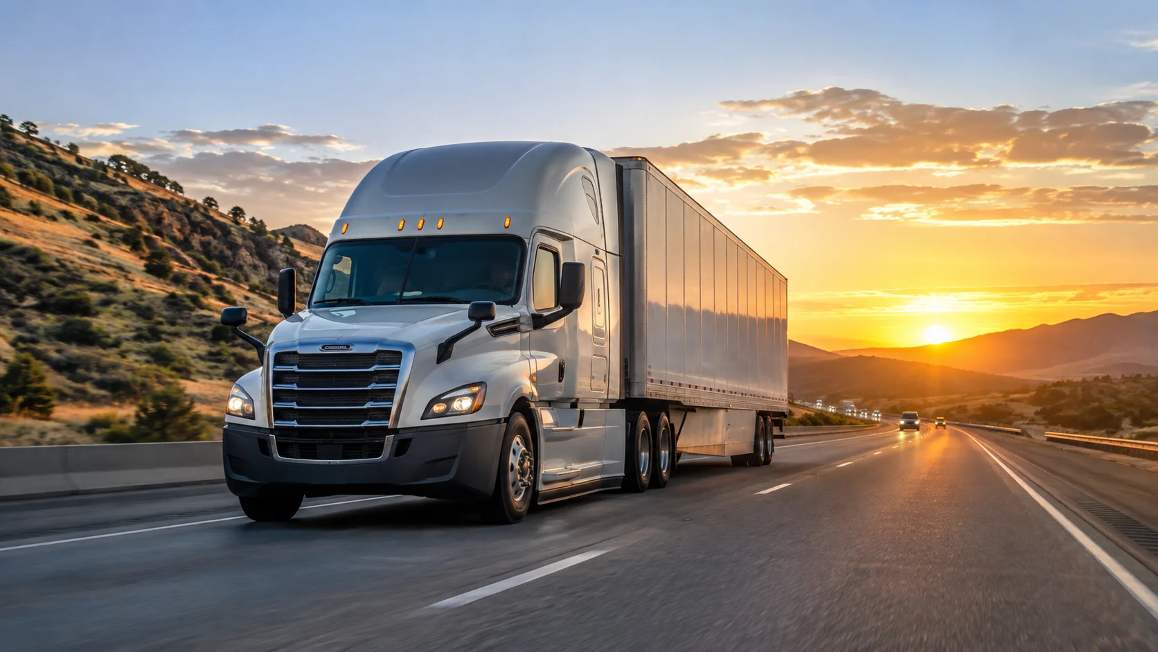 Commercial semi-truck hauling freight on a highway at sunset, representing motor carriers involved in brokered freight transportation.”