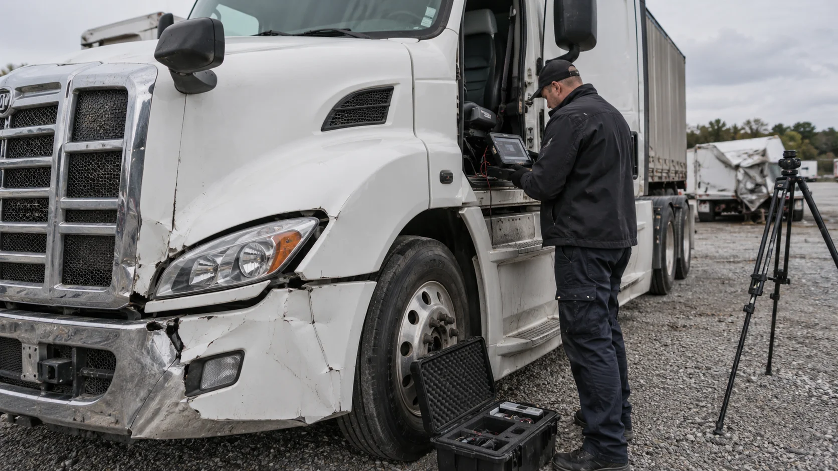 Truck accident investigator examining electronic data from a damaged semi-truck after a commercial vehicle crash.