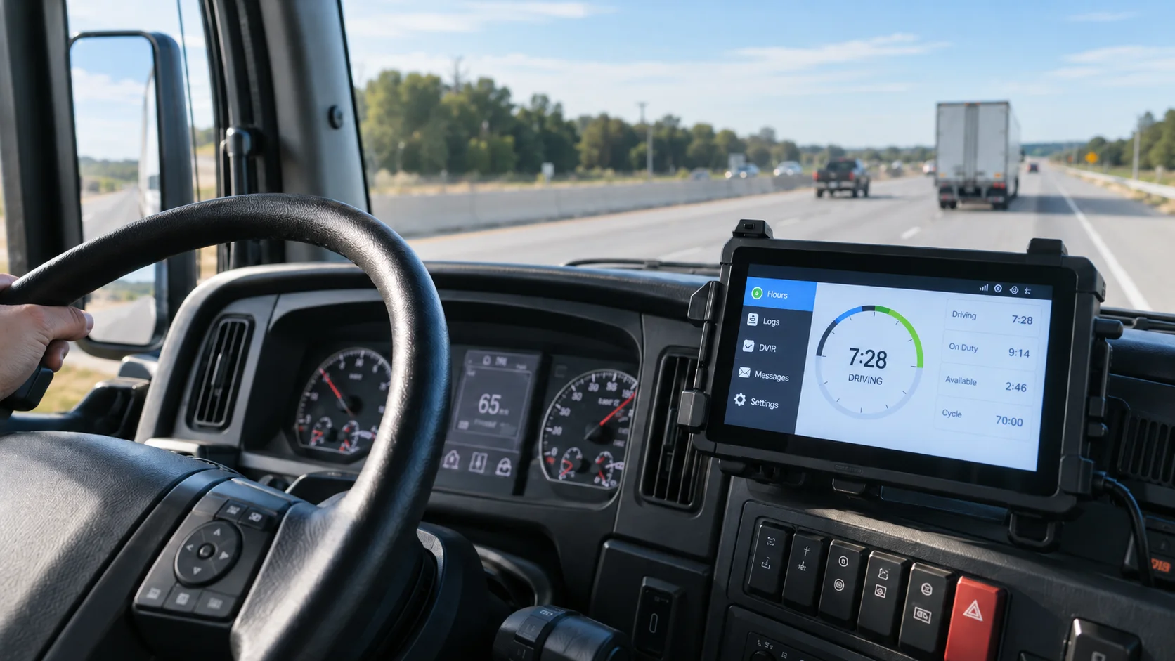 Commercial truck driver using an electronic logging device to track hours of service while driving on the highway.