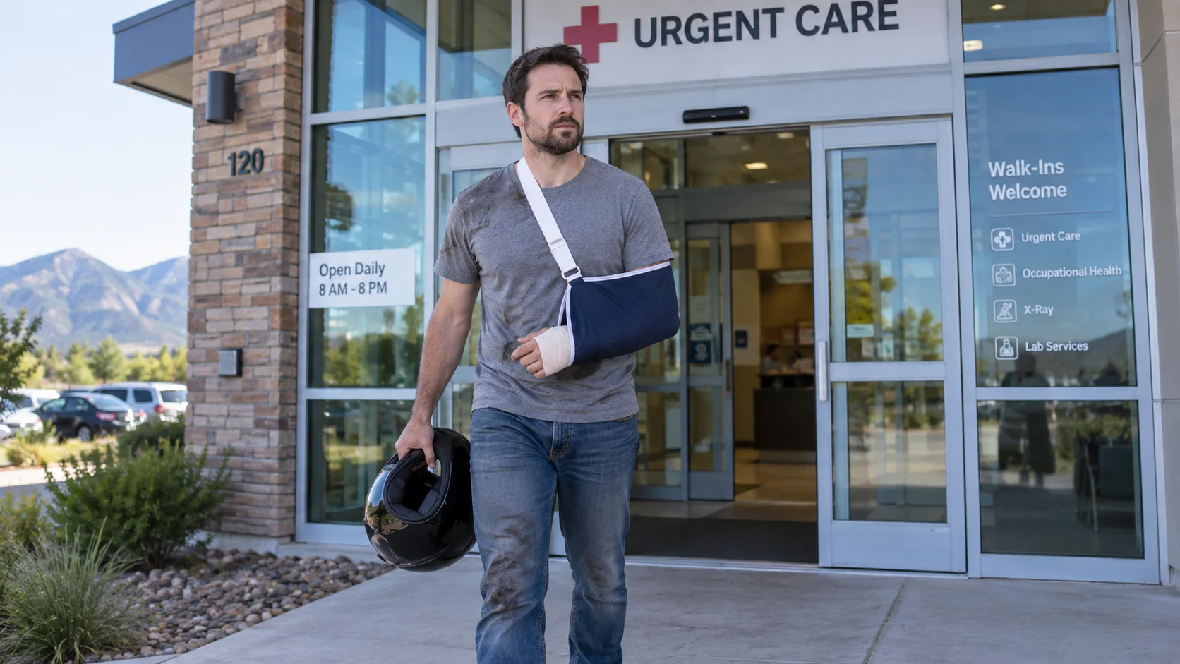 Motorcycle accident victim leaving urgent care with an arm sling and helmet after a Fort Collins motorcycle hit-and-run.