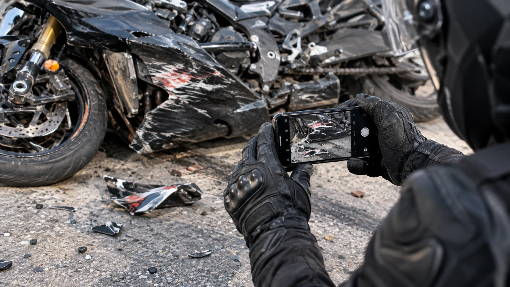 Motorcyclist photographs motorcycle damage, debris and paint transfer as evidence after a Fort Collins hit-and-run crash.