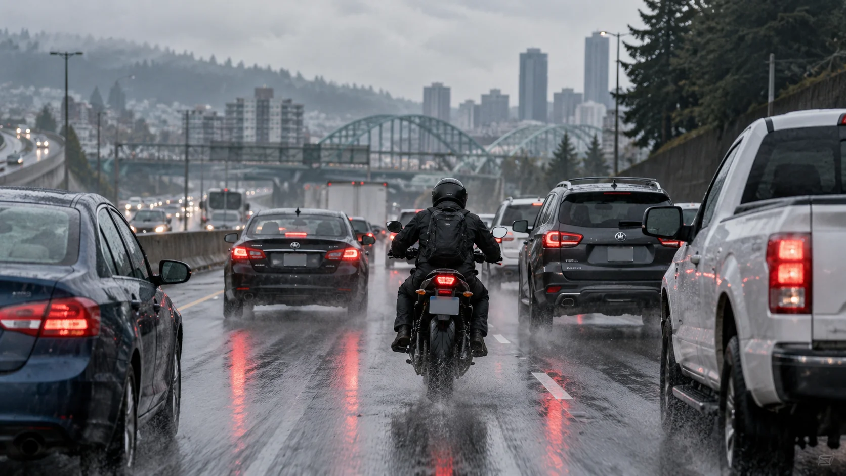Motorcyclist rides through heavy rain and traffic on a Portland highway, showing road conditions that can affect motorcycle accident fault disputes.