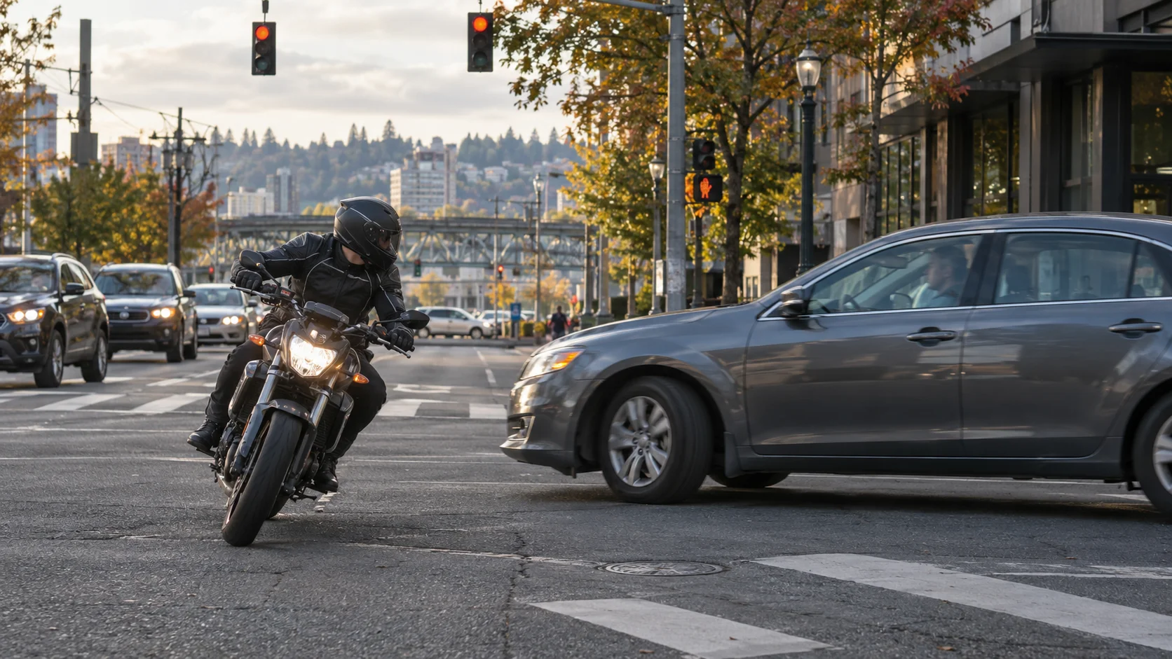 Motorcyclist swerves to avoid a left-turning car at a Portland intersection, illustrating comparative fault in Oregon motorcycle accident claims.