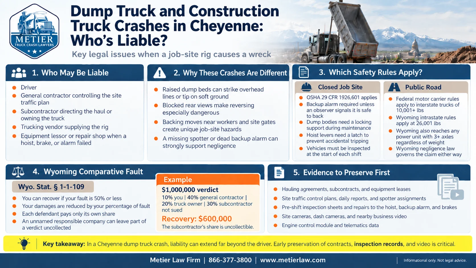 Infographic explaining Cheyenne dump truck and construction truck crash liability, including responsible parties, OSHA and trucking safety rules, Wyoming comparative fault, and key evidence to preserve after a wreck.