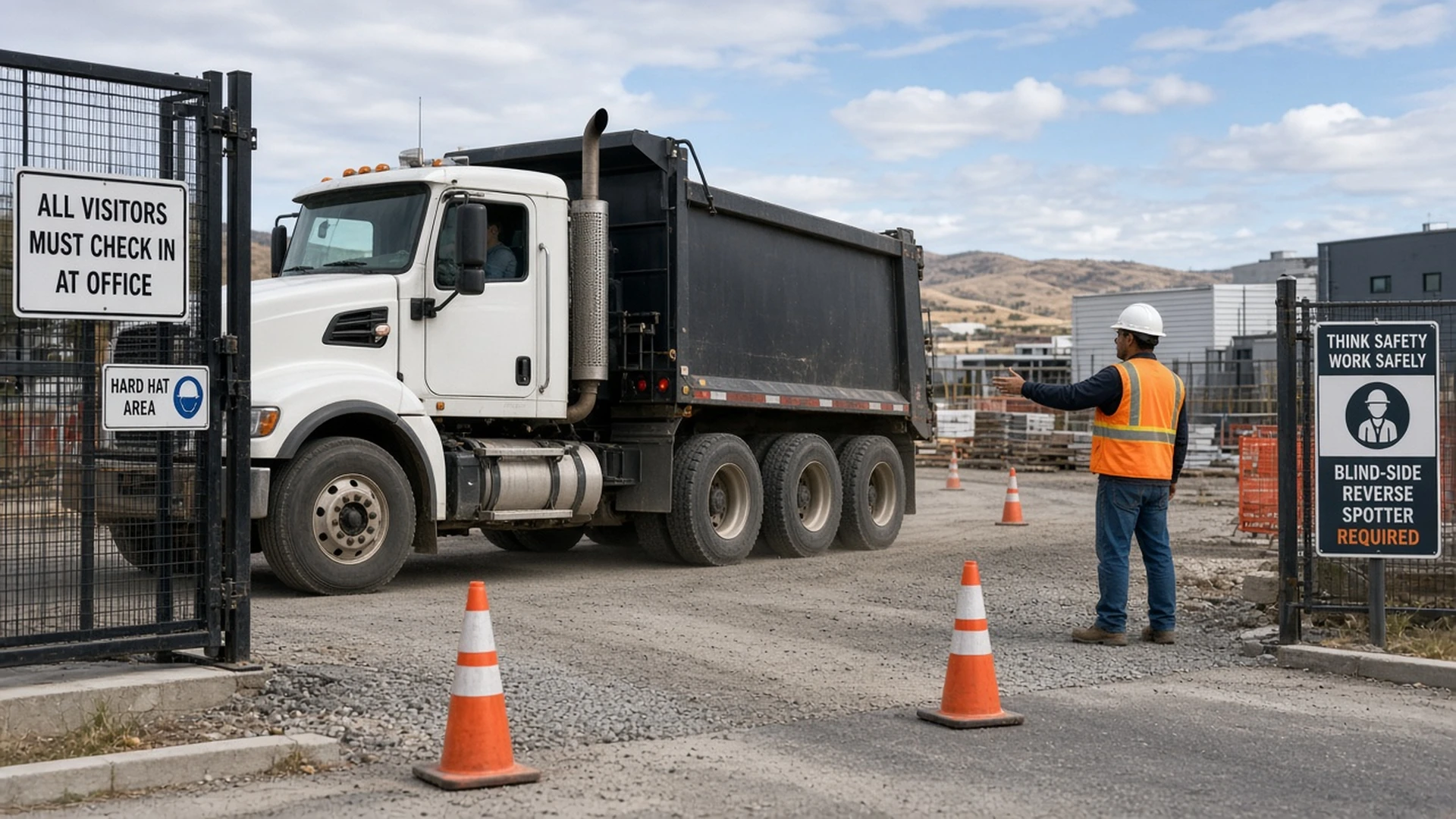 Dump truck entering a Cheyenne construction site while a safety spotter directs the driver during a blind-side maneuver near the site gate.