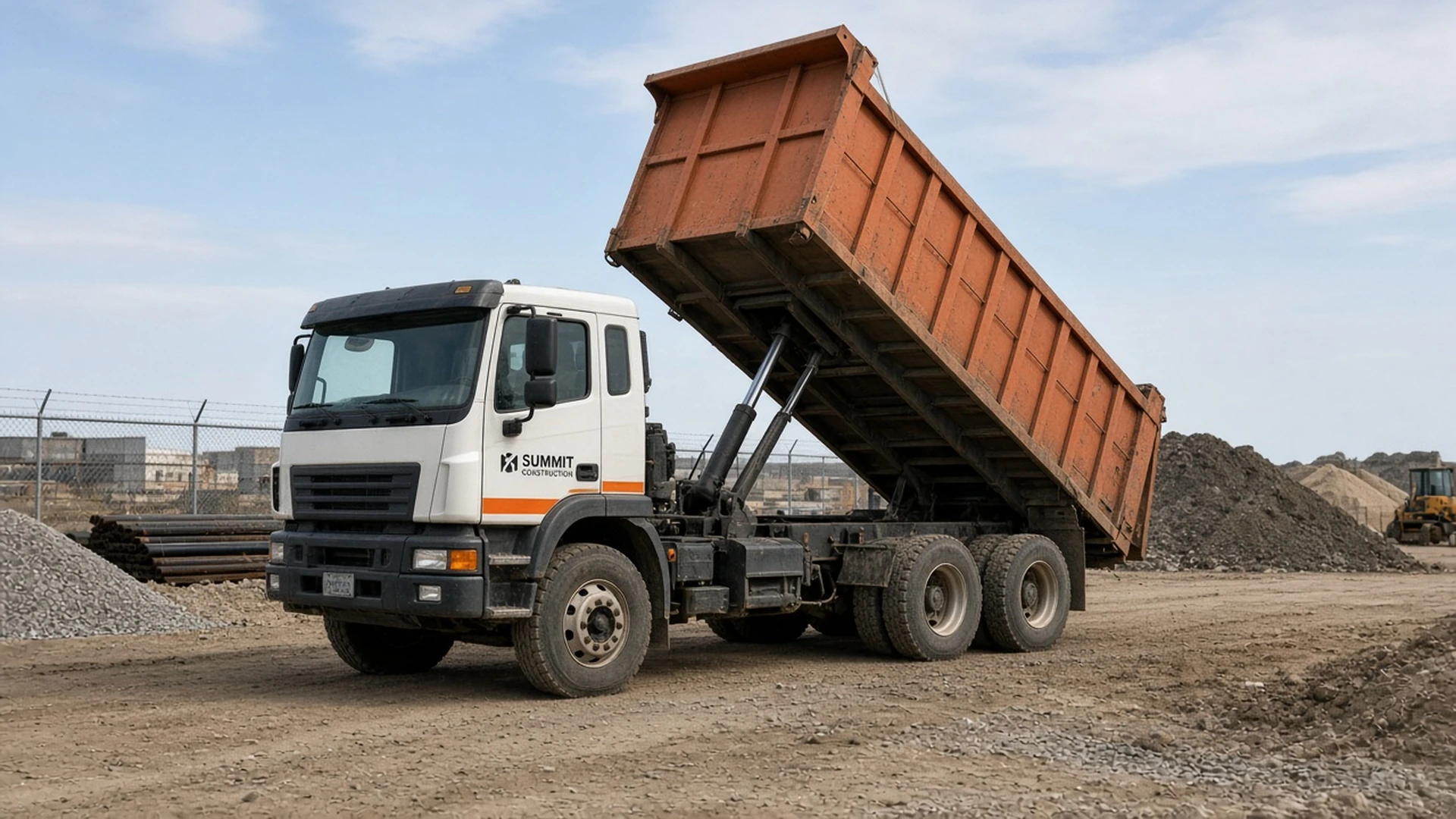 Dump truck with its raised bed at a Cheyenne, Wyoming construction site, illustrating lift-bed and equipment hazards involved in construction truck accident claims.