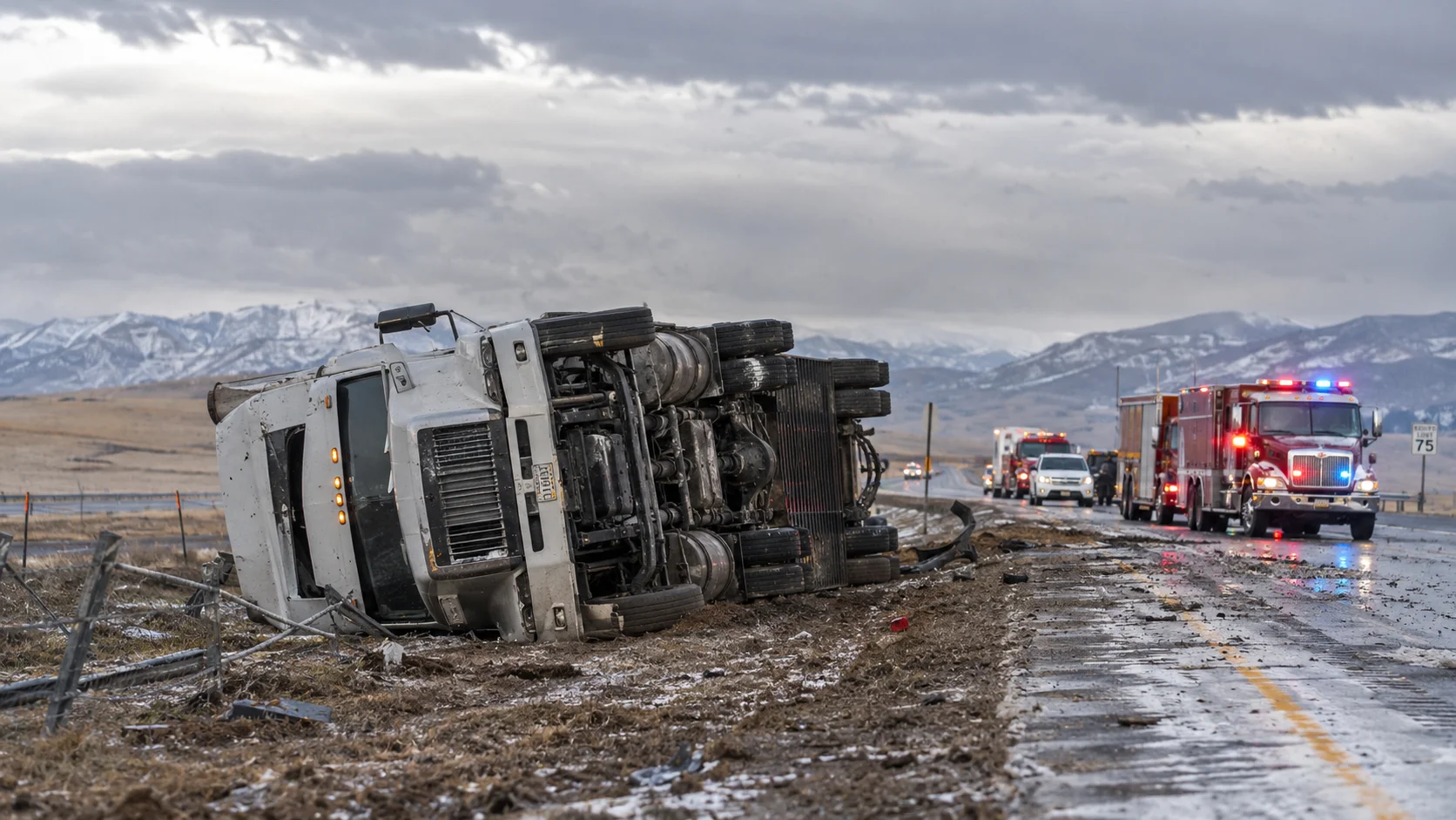 Overturned semi-truck beside a Wyoming highway after a high-wind blowover crash, with emergency vehicles responding nearby.