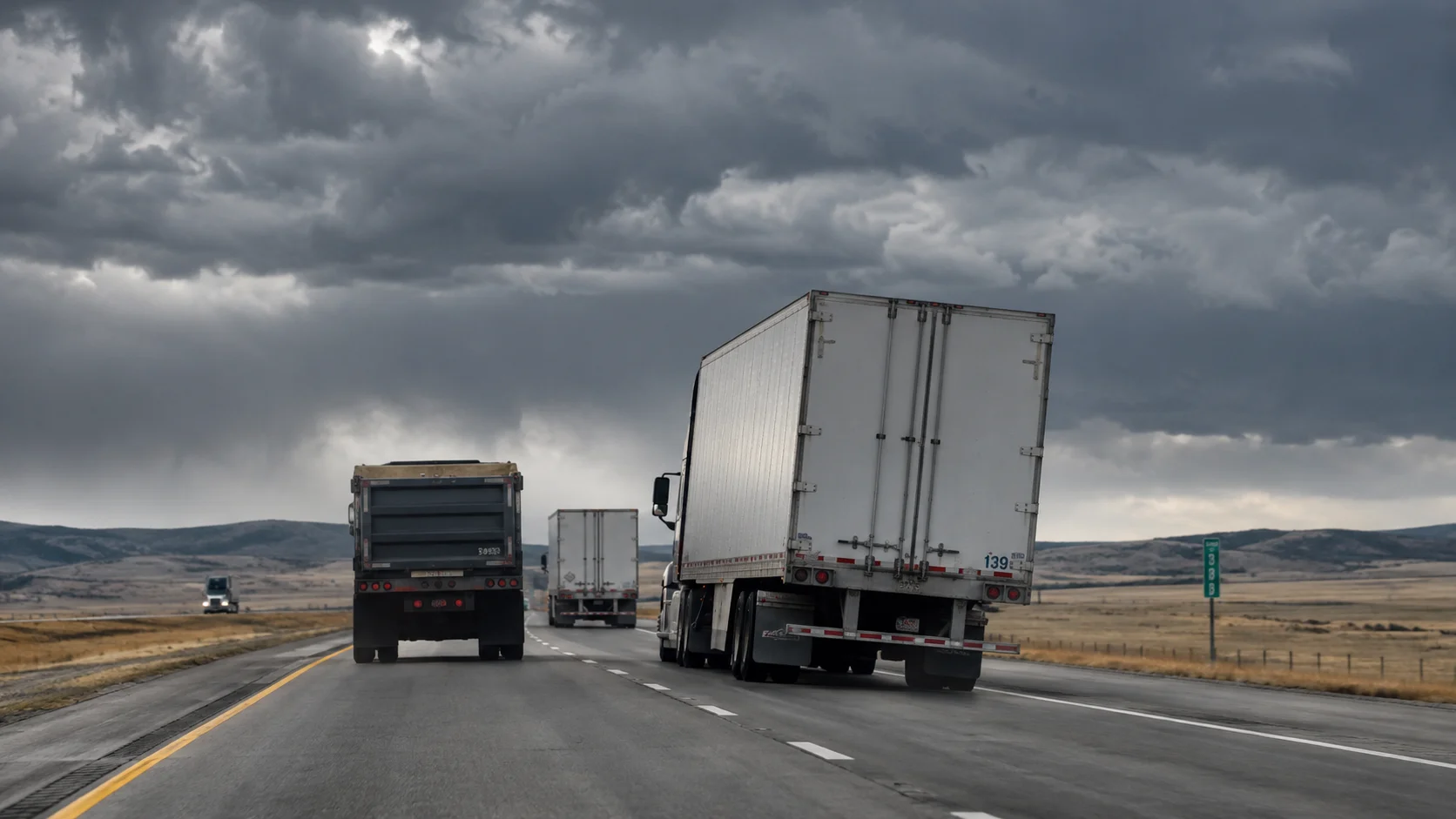 Enclosed semi-trailer leaning in strong Wyoming crosswinds, showing the blowover risk faced by empty or lightly loaded trucks.