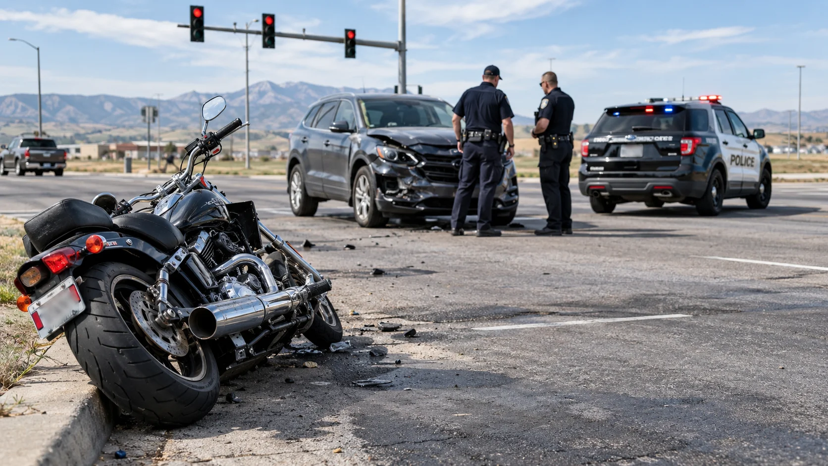 Damaged motorcycle and SUV at a Casper intersection with police investigating the crash scene after a left-turn motorcycle collision.