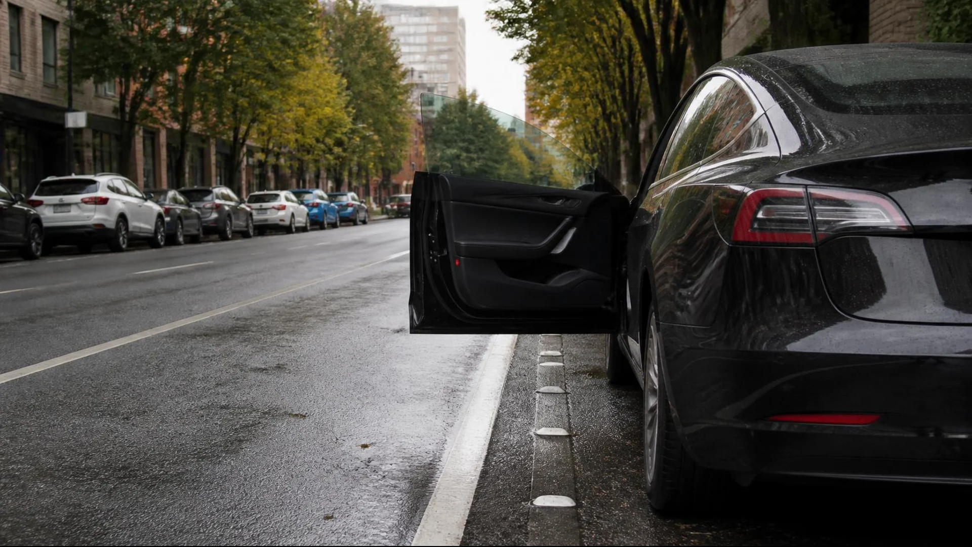 Parked car door opening toward a Seattle curb lane used by motorcycles