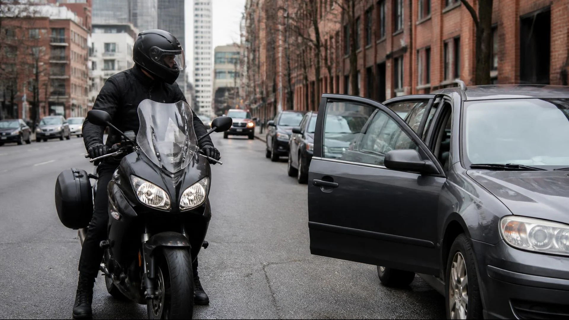 Motorcycle approaching an open parked-car door on a Seattle street