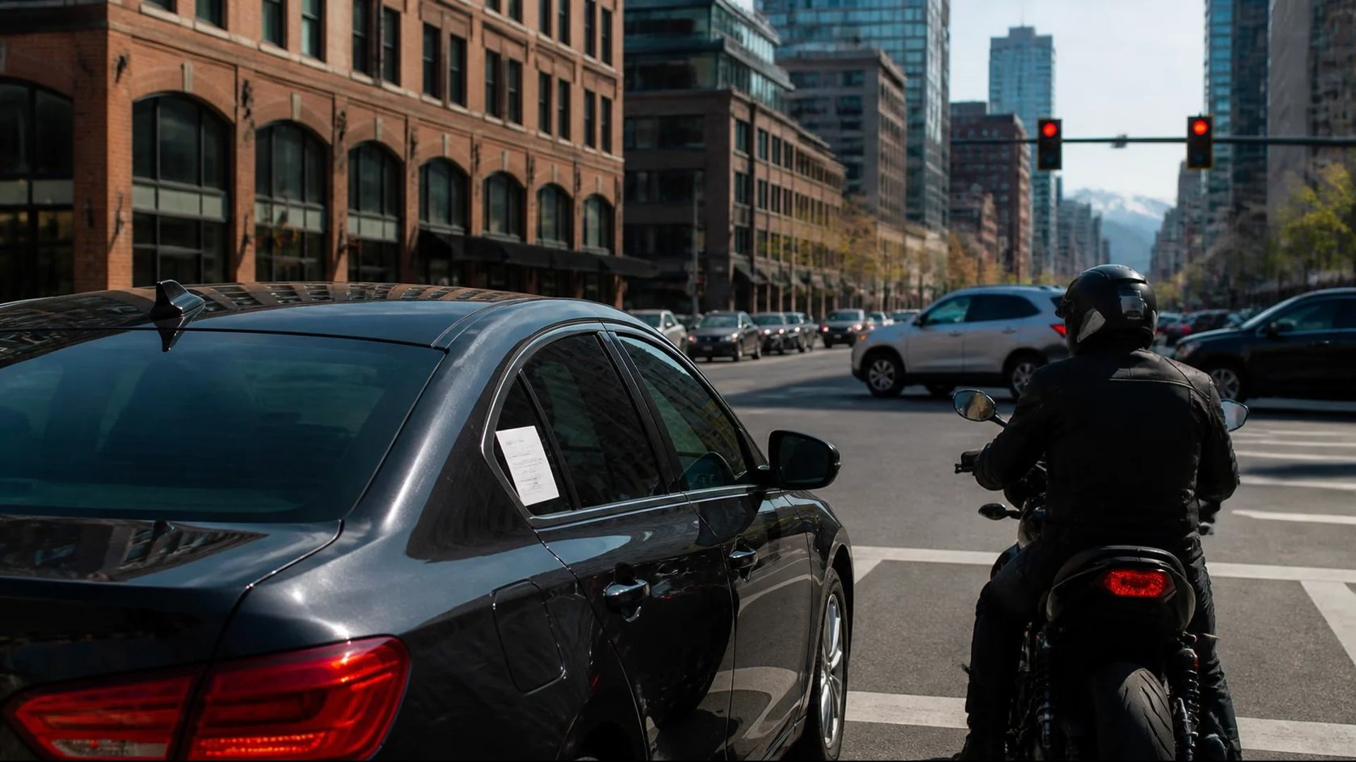 Rideshare vehicle near a motorcycle at a Denver intersection