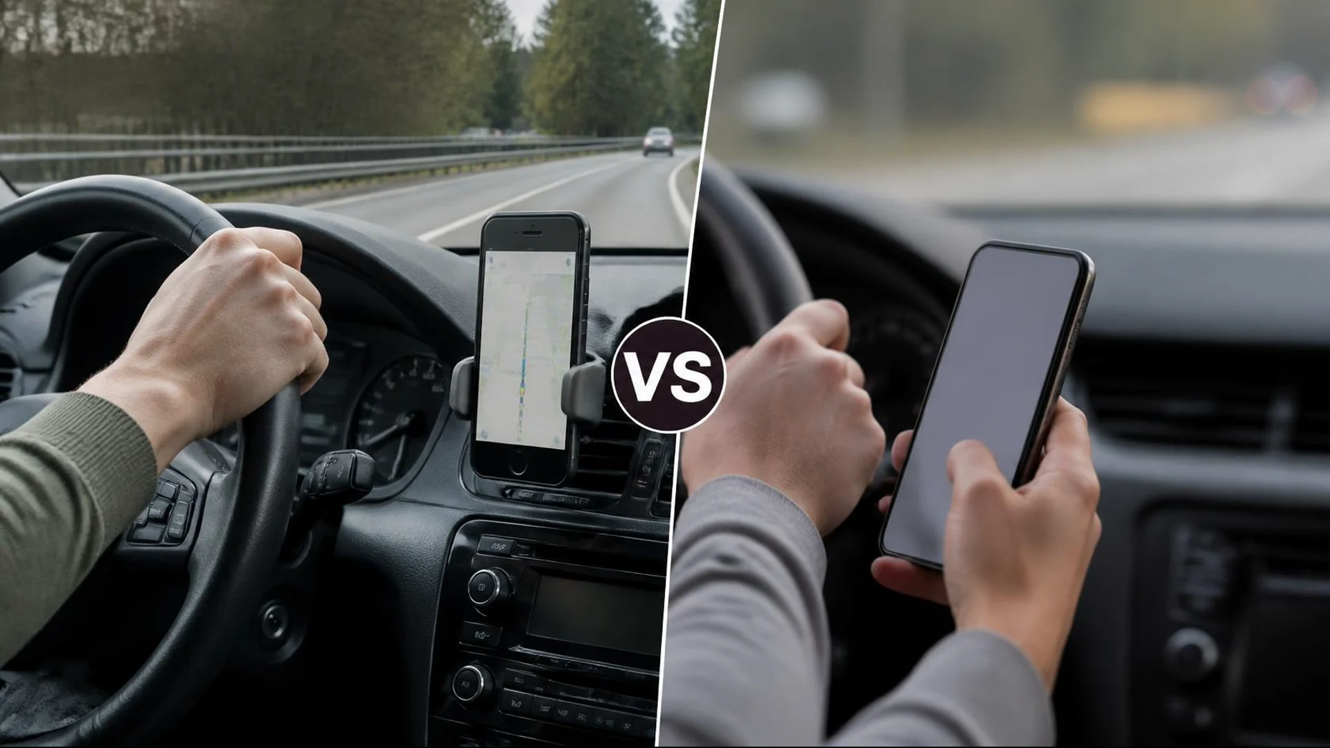 Hands-free phone mount contrasted with a handheld phone while driving