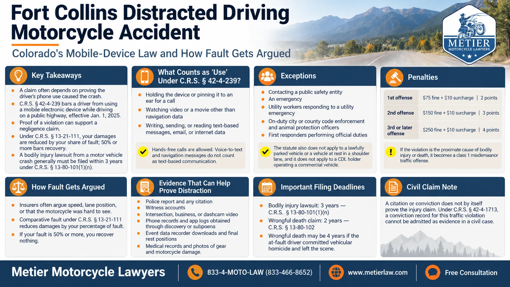 Fort Collins distracted driving motorcycle accident infographic by Metier Motorcycle Lawyers explaining Colorado's hands-free driving law, C.R.S. § 42-4-239, prohibited phone use, penalties, exceptions, comparative fault, evidence of distracted driving, and motorcycle injury claim filing deadlines.