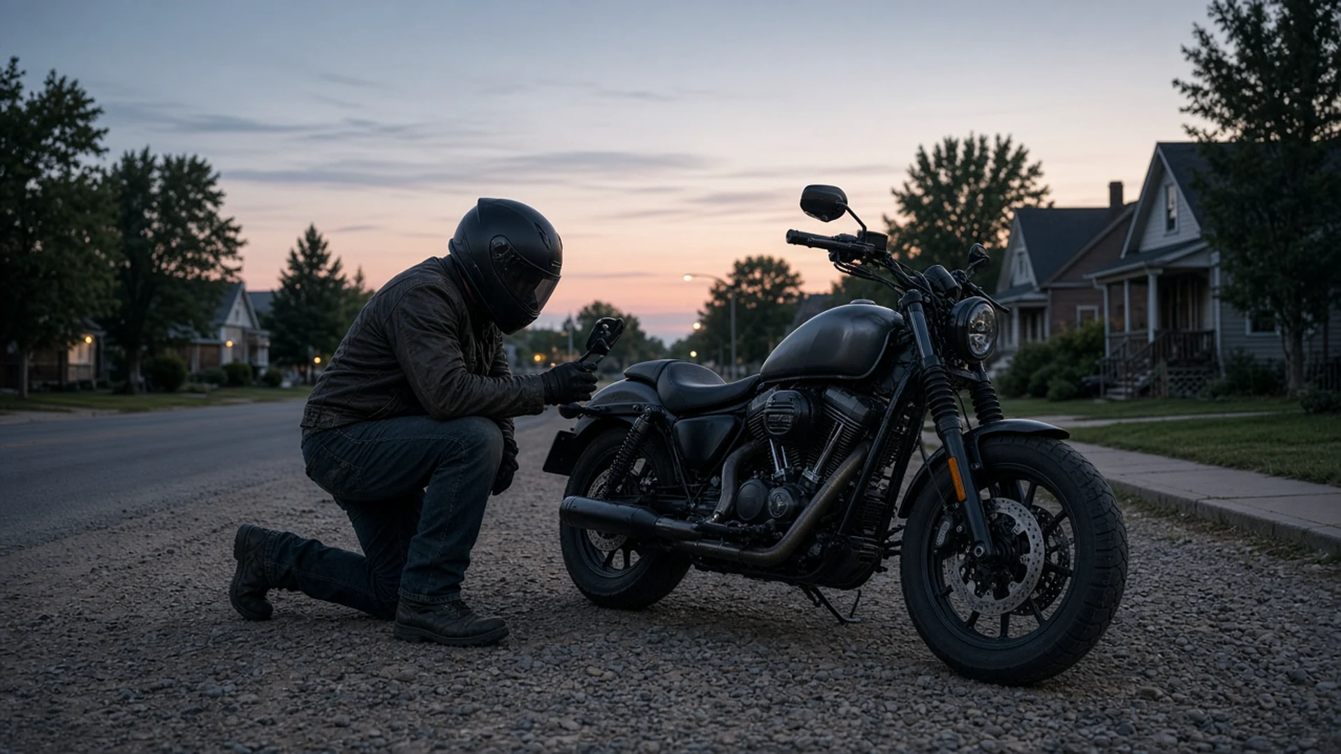 Helmeted motorcycle rider kneeling beside a parked motorcycle on a residential street at dusk, inspecting possible crash damage and preserving evidence for a Cheyenne, Wyoming motorcycle hit-and-run insurance claim.