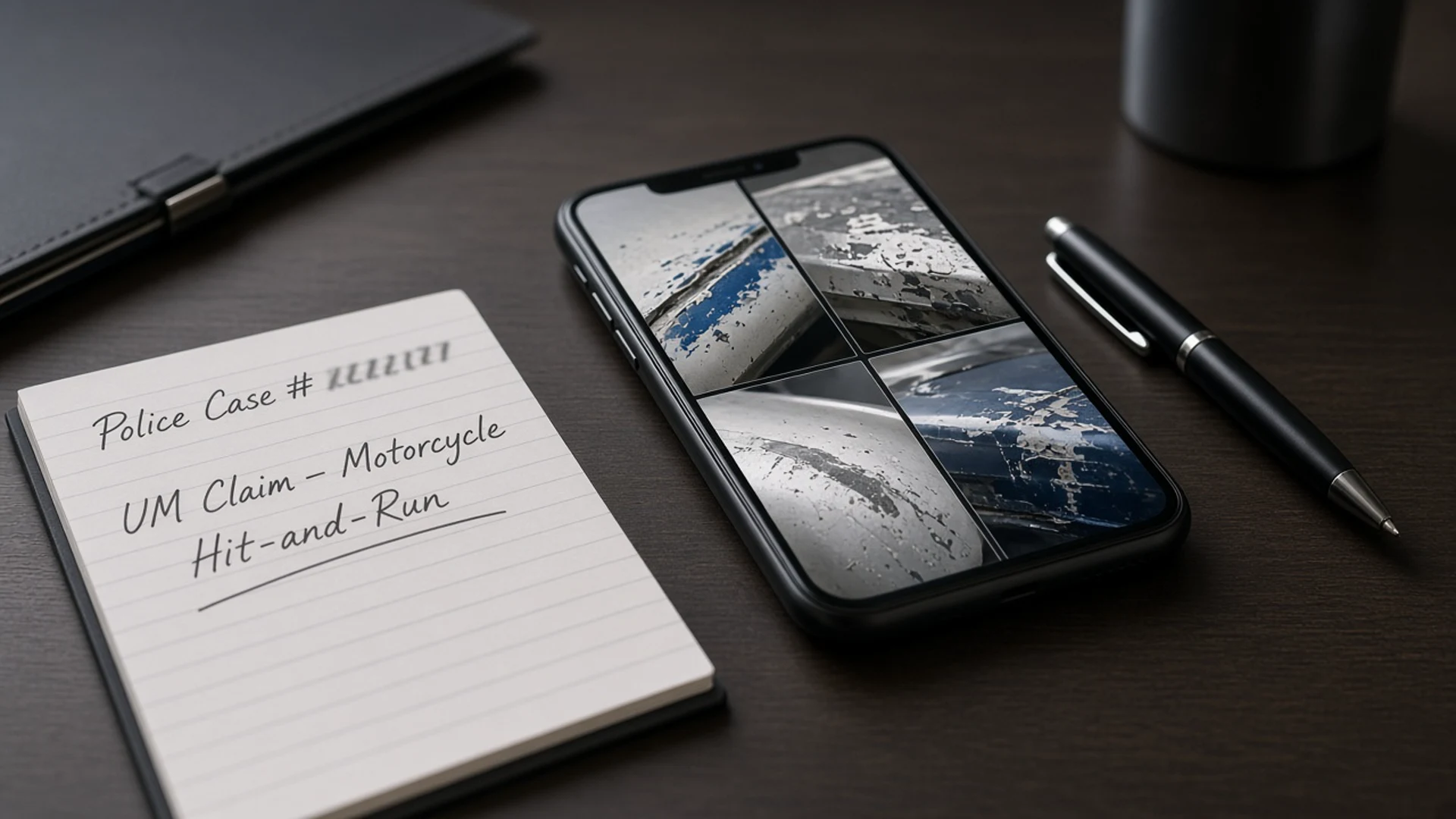 Smartphone displaying close-up photos of motorcycle damage and paint transfer beside a police case notebook, documenting evidence for a Cheyenne, Wyoming motorcycle hit-and-run uninsured motorist insurance claim.
