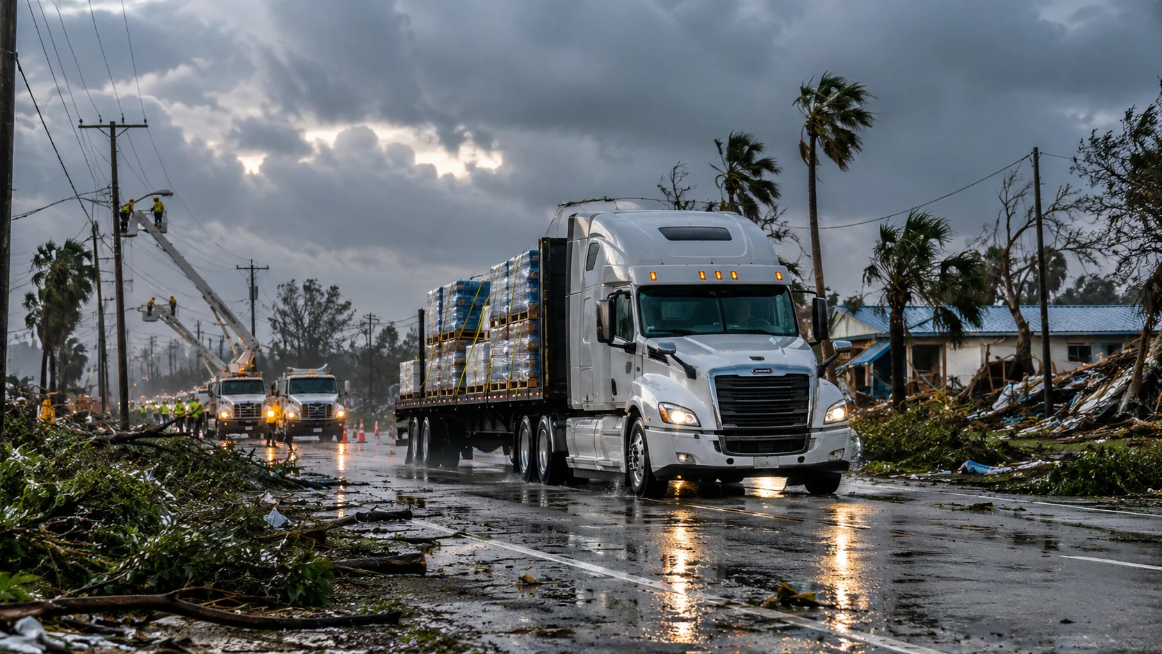 Semi-truck transporting emergency relief supplies through a storm-damaged area as utility crews restore power following a natural disaster.