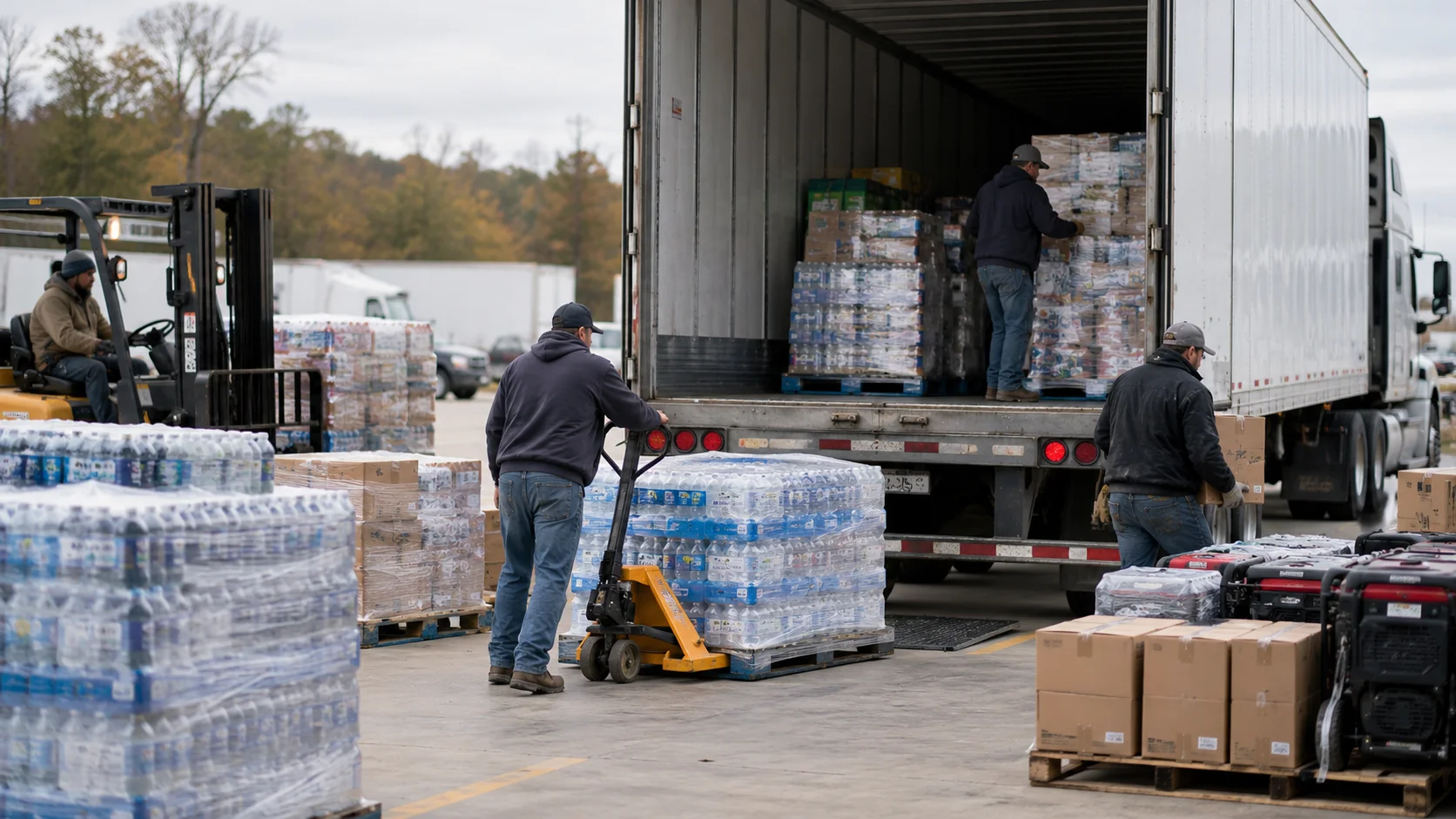 Workers load bottled water, emergency generators, and essential supplies into a semi-truck trailer for disaster relief transportation.