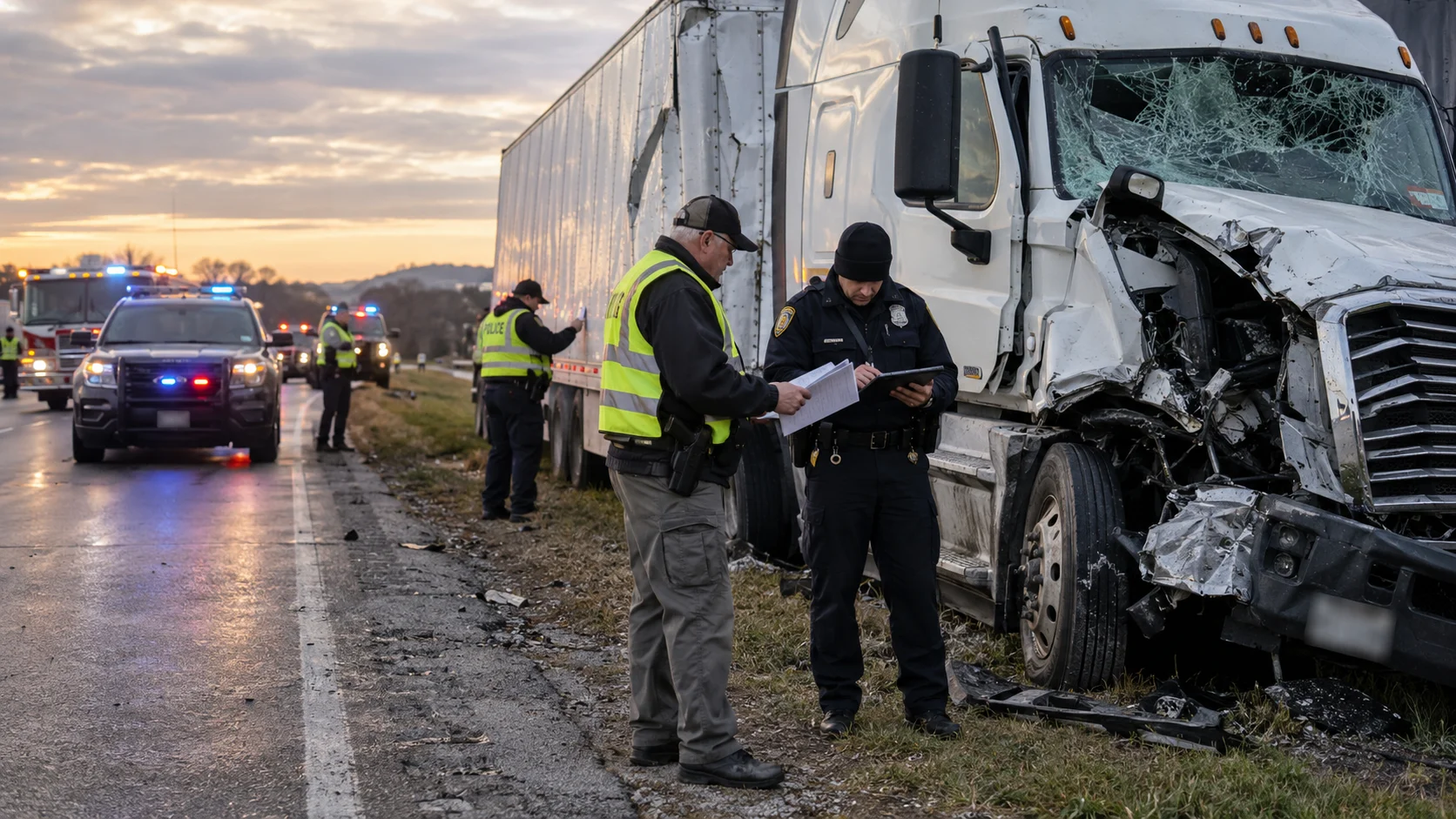 Investigators review documents and electronic records beside a damaged semi-truck following a highway accident, with emergency response vehicles nearby.
