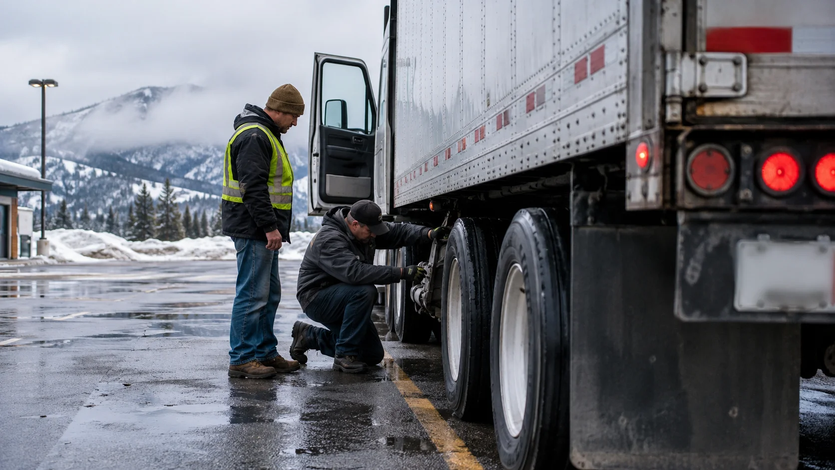 Truck driver and mechanic inspect a semi-trailer's wheels and undercarriage at a snowy truck stop, highlighting vehicle safety requirements during emergencies.