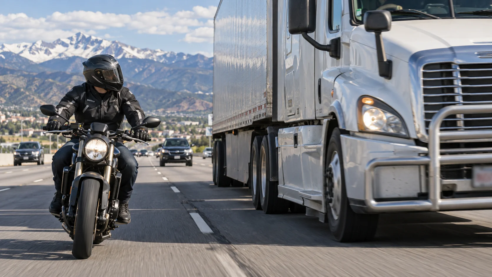 Motorcyclist riding alongside a large semi-truck on a Colorado Springs highway, highlighting unsafe lane changes and motorcycle truck accident risks.