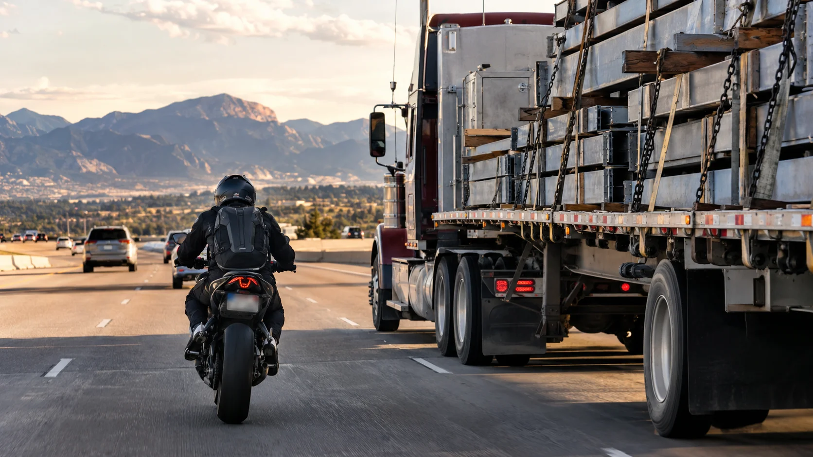 Motorcyclist traveling beside a loaded commercial flatbed truck on a Colorado highway, illustrating risks riders face around large trucks in Colorado Springs.