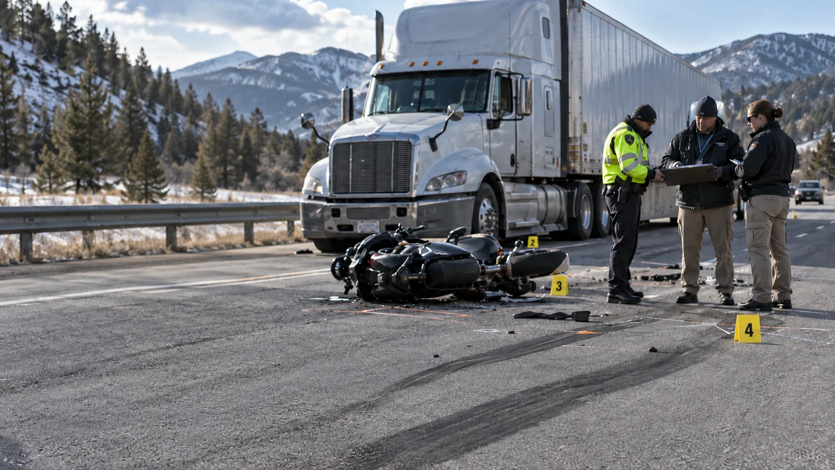 Crash investigators examining a damaged motorcycle, semi-truck, skid marks, and roadway evidence to determine liability in a Colorado motorcycle truck accident.