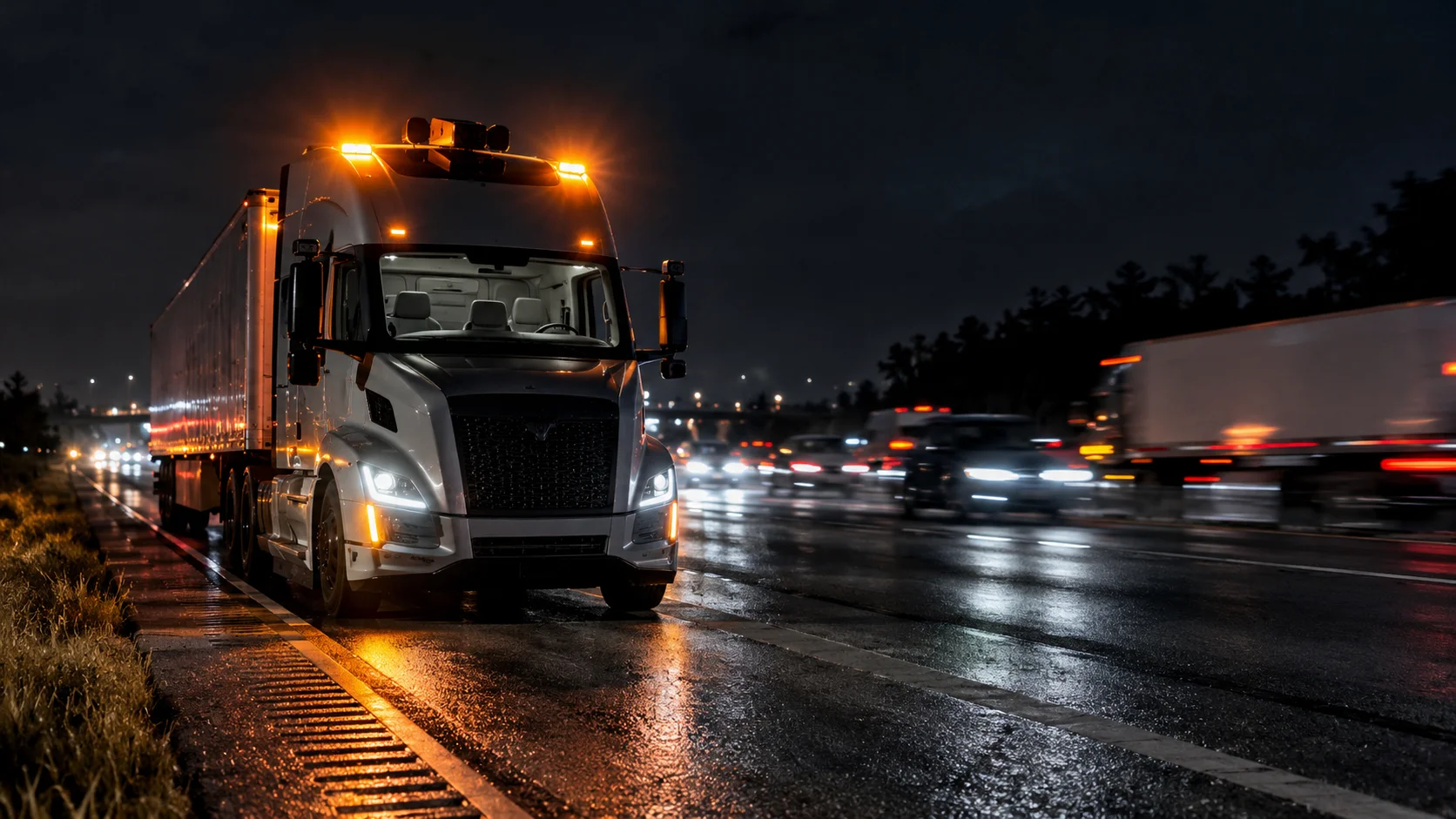 Autonomous semi-truck stopped on a wet highway shoulder at night with illuminated cab-mounted warning beacons as traffic passes.