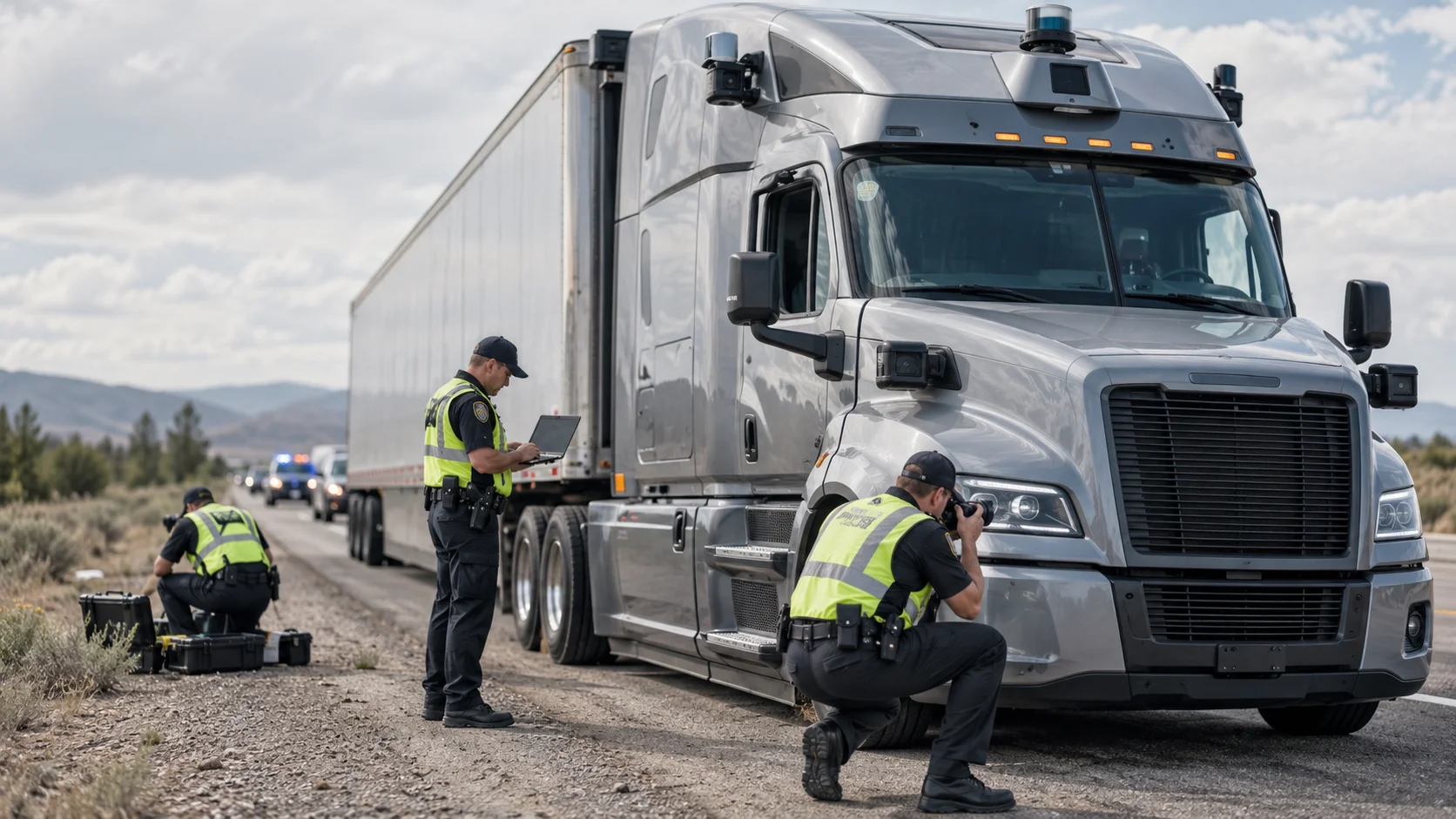 Highway investigators photographing and inspecting an autonomous semi-truck, documenting vehicle systems and potential electronic evidence after an incident.