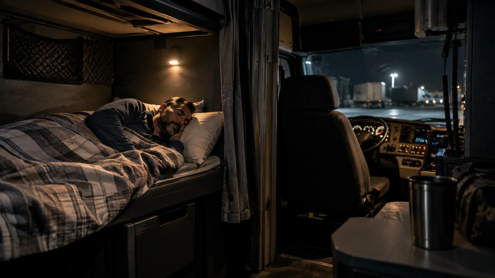 Long-haul truck driver sleeping in a semi-truck sleeper berth at night, illustrating FMCSA's proposed flexible sleeper berth rules and split rest periods.