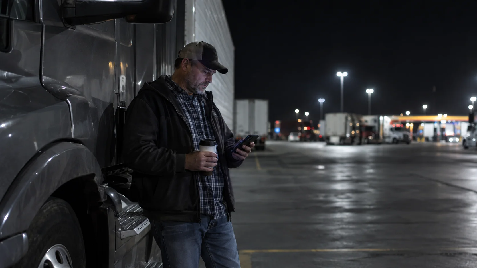 Commercial truck driver checking his phone while holding coffee beside a parked semi-truck at night, illustrating long driving shifts and truck driver fatigue concerns.
