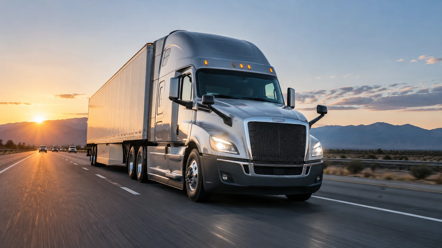 Silver semi-truck traveling on a mountain highway at sunrise, illustrating federal hours-of-service regulations and proposed FMCSA truck driver rest rules.